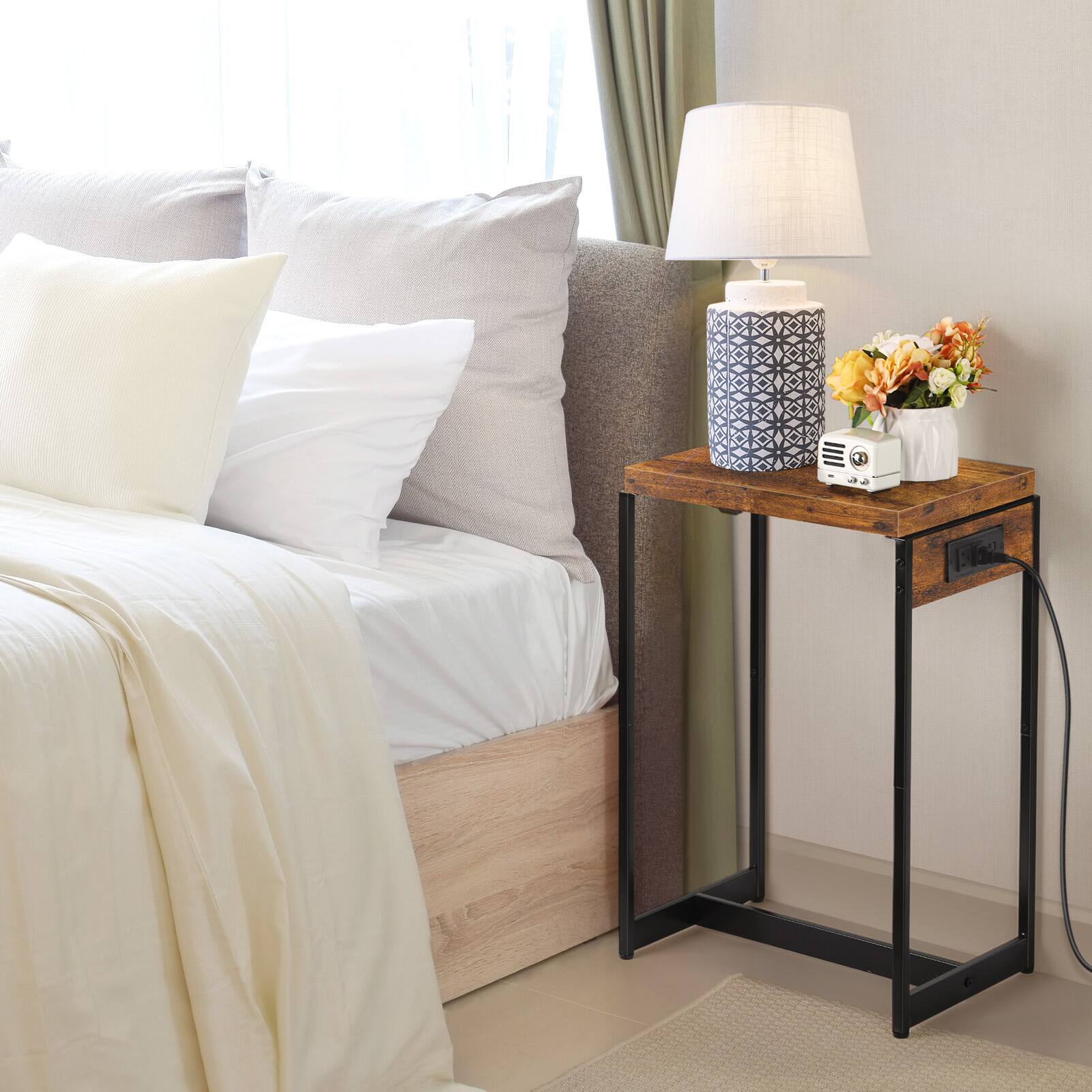 Left. Oumilen - 2-Pack Rustic End Tables with Charging Station, Industrial Wood Side Tables with 2 AC Outlets & 2 USB Ports - Brown.