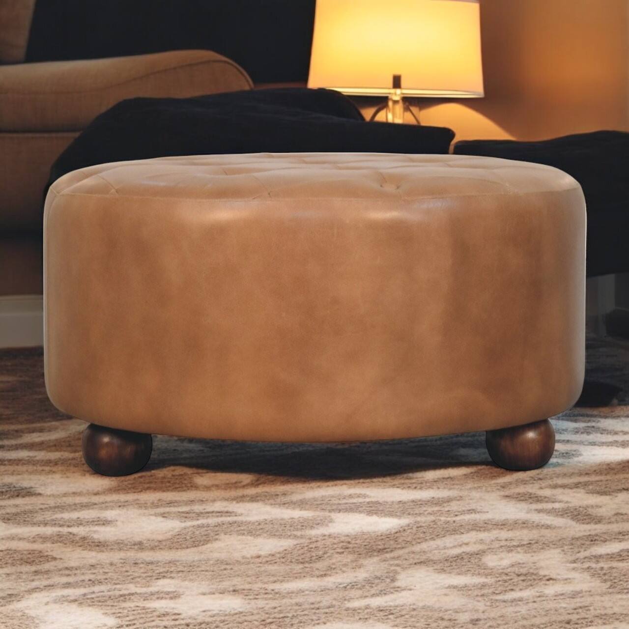 Angle. Artisan Furniture - Artisan Furniture Solid Wood Brown Buffalo hide leather Round Ottoman, Upholstered, Brown Color - Brown.
