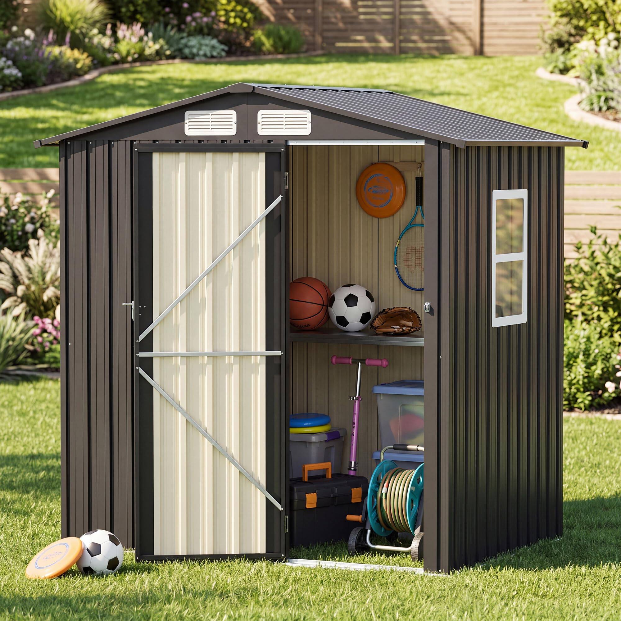 Left. LAUSAINT HOME - 6x4 FT Galvanized Steel Shed with Windows Lockable Doors  Gable Roof and Vent for Backyard Patio - Black.