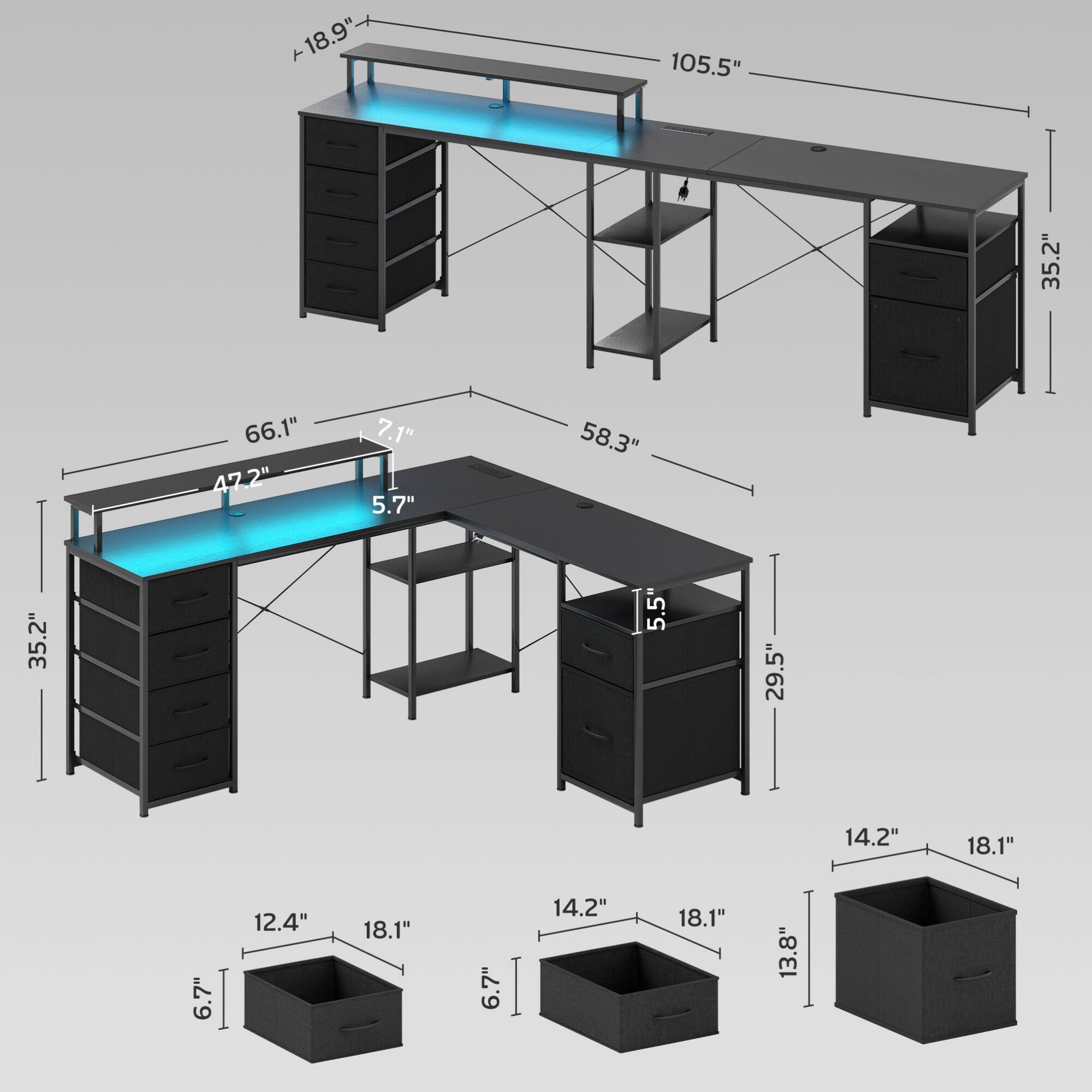 Here is the corrected and grouped text from the image:

- **Desk Dimensions:**
  - Length: 105.5"
  - Depth: 35.2"
  - Height: 18.9"

- **Shelf Dimensions:**
  - Width: 66.1"
  - Depth: 5.7"
  - Height: 58.3"

- **Drawer Dimensions:**
  - Width: 35.2"
  - Depth: 5.5"
  - Height: 29.5"

- **Drawer Box Dimensions:**
  - Width: 18.1"
  - Depth: 14.2"
  - Height: 6.7"

- **Additional Dimensions:**
  - 12.4"
  - 18.1"
  - 6.7"
  - 14.2"
  - 18.1"
  - 6.7"
  - 14.2"
  - 18.1"
  - 13.8"