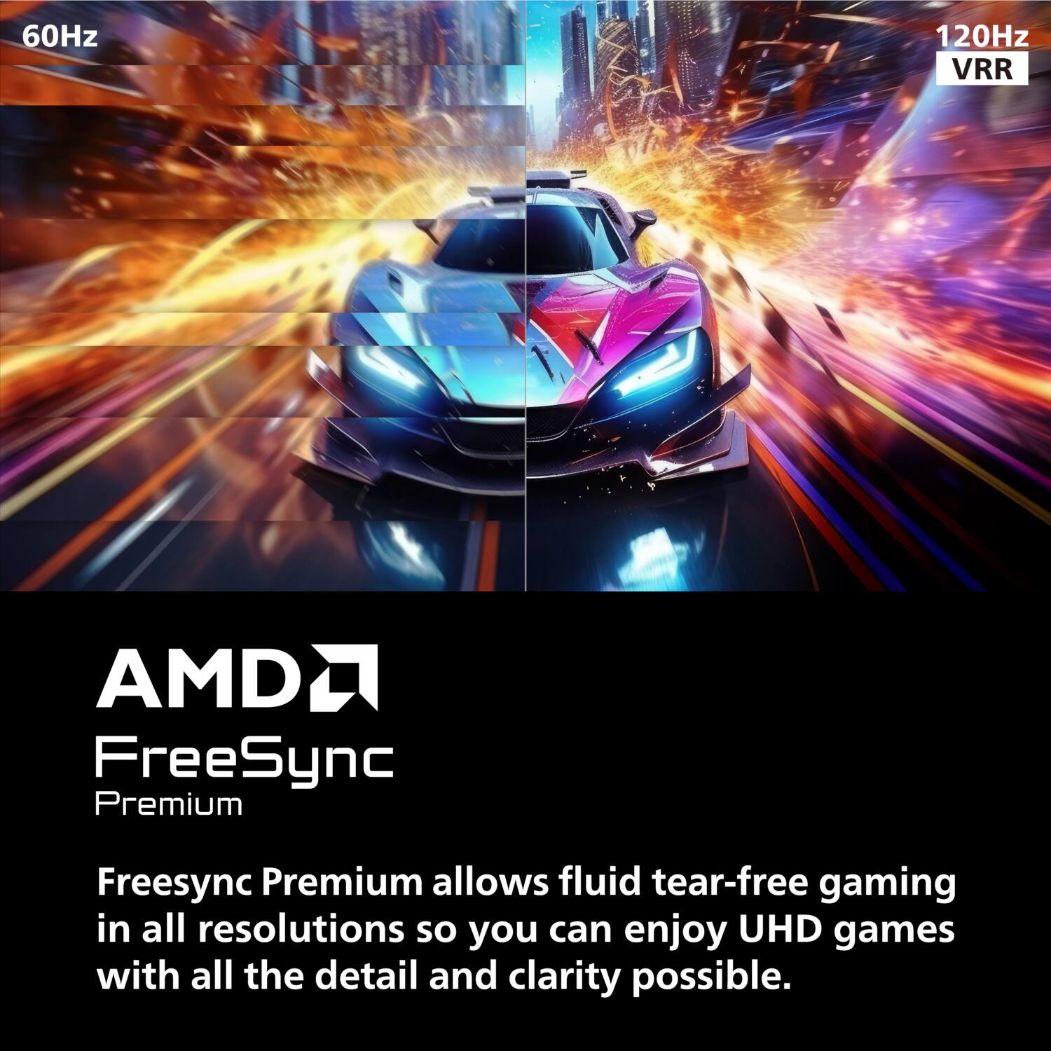 60Hz  
120Hz VRR  

AMD FreeSync Premium  

Freesync Premium allows fluid tear-free gaming in all resolutions so you can enjoy UHD games with all the detail and clarity possible.