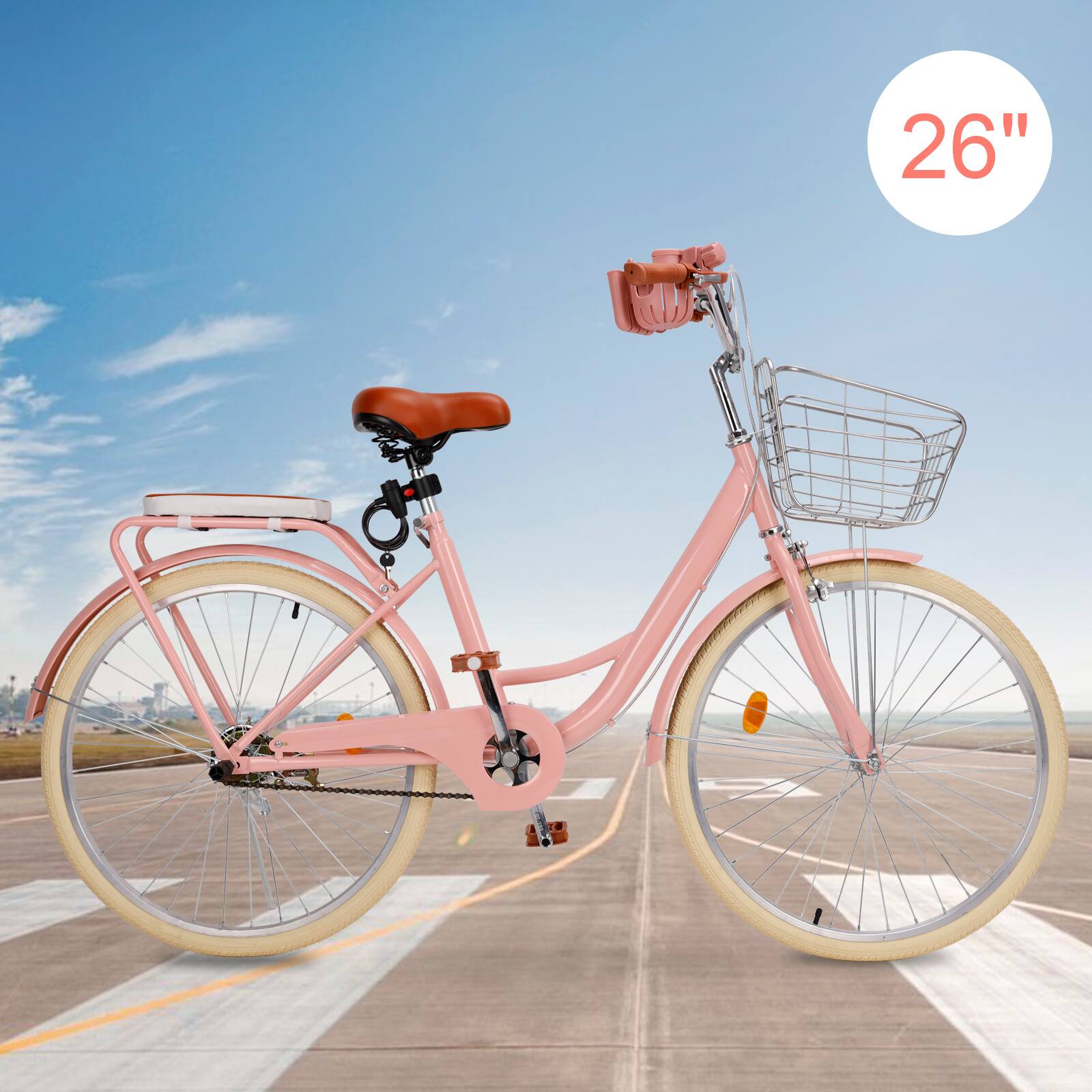 Alt View 4. Topteng - 26" Beach Cruiser Bike for Men/Women with Cup Holder, High Carbon Steel Frame, Dual Brakes, Rear Rack and Basket, Pink - Pink.