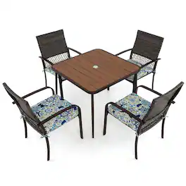 Costway - 5 PCS Patio Dining Set with Wood-Plastic Tabletop & Umbrella Hole for Backyard - Brown