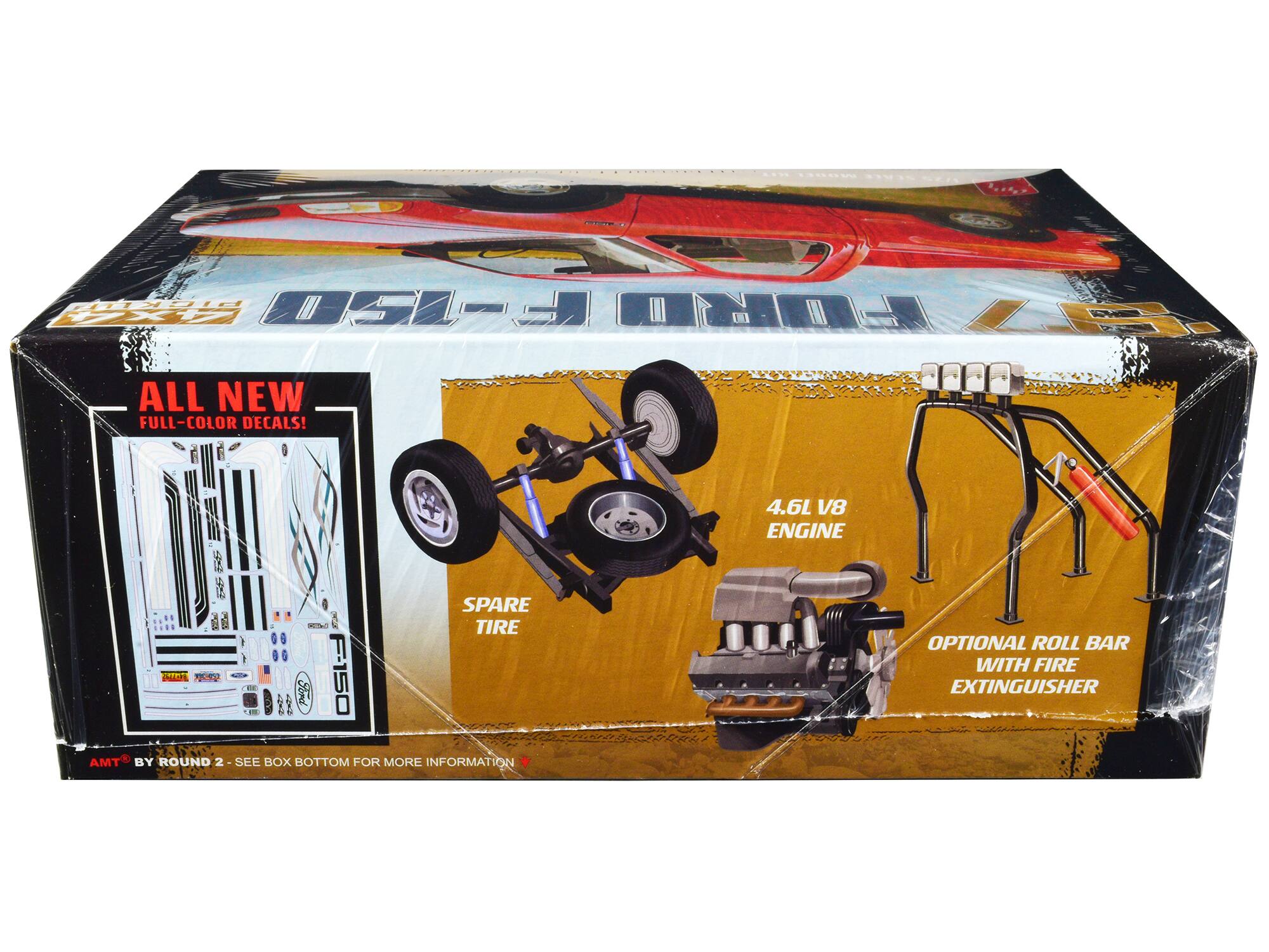 Sure, here is the corrected and grouped text from the image:

---

**ALL NEW FULL-COLOR DECALS!**

- **4.6L V8 ENGINE**
- **SPARE TIRE**
- **OPTIONAL ROLL BAR WITH FIRE EXTINGUISHER**

**AMT BY ROUND 2 - SEE BOX BOTTOM FOR MORE INFORMATION**

---

This text is organized to reflect the features and information provided on the packaging.