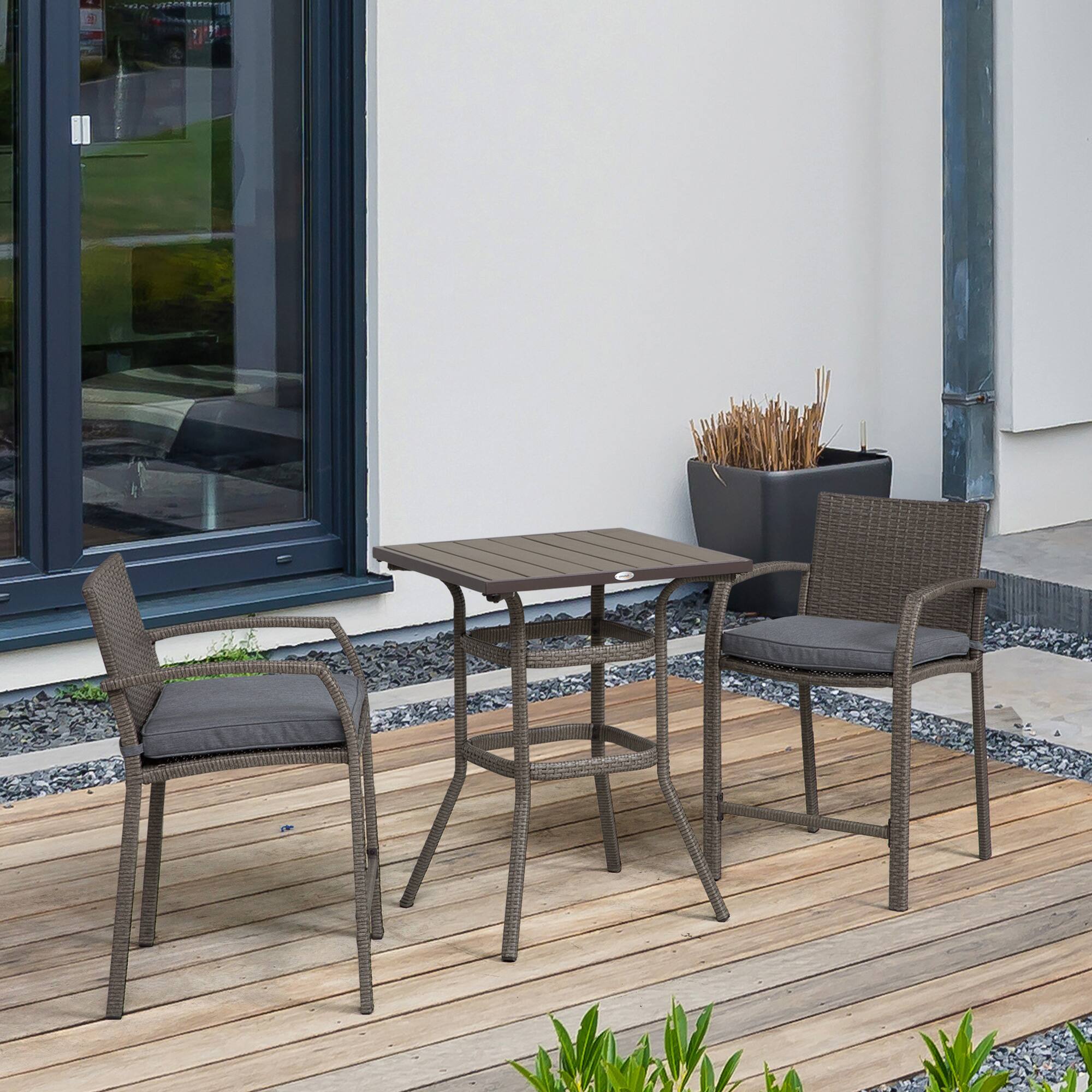 Alt View 1. Outsunny - 3 PCS Rattan Wicker Bar Set with Wood Grain Top Table and 2 Bar Stools for Outdoor, Patio, Poolside, Garden - Grey.