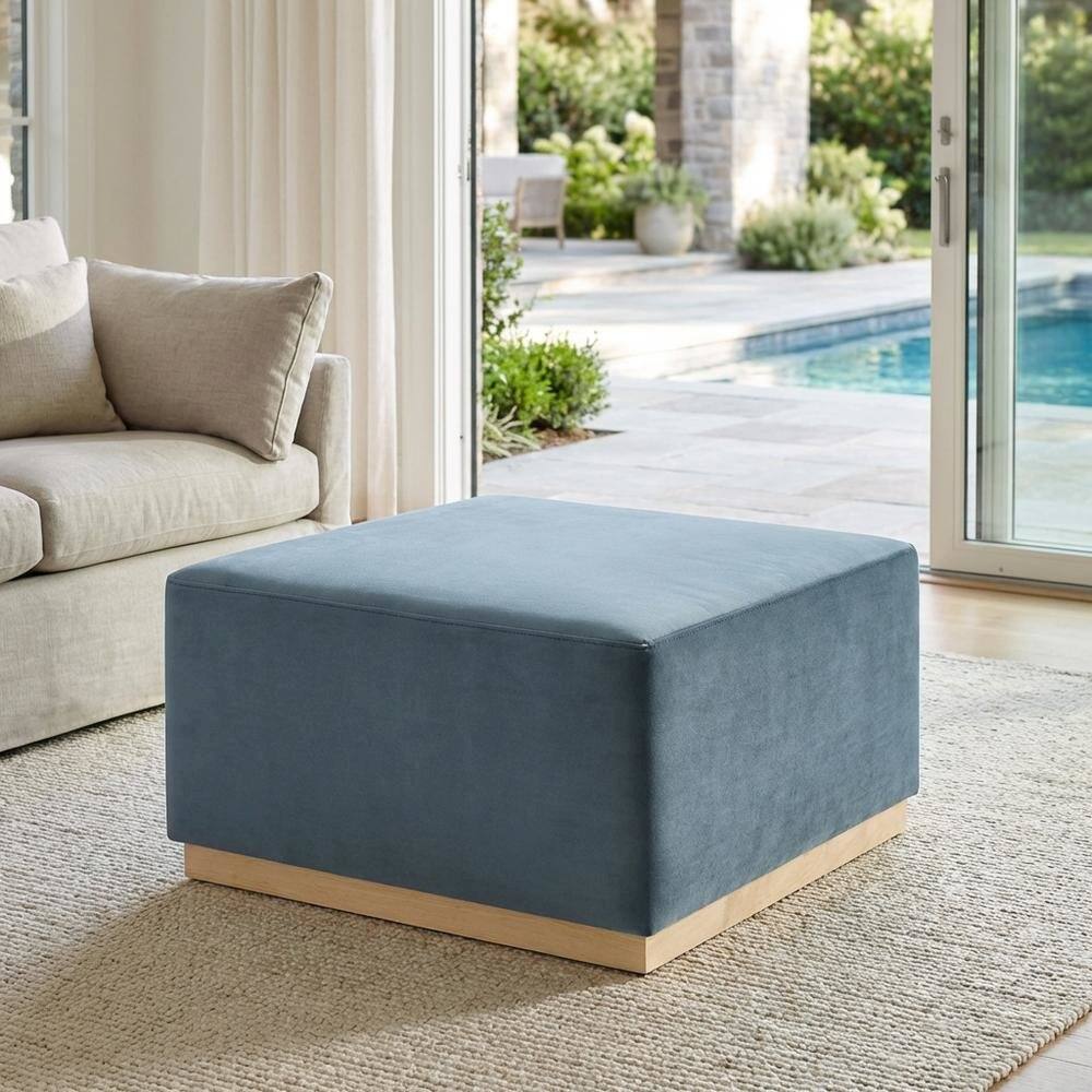 Left. Outdoor Escape - Square Velvet Ottoman With Modern Design For Outdoor Use - Blue.
