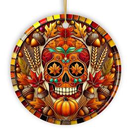 OrnamentallyYou - Autumn Harvest Sugar Skull Ornament Vibrant Fall Foliage Christmas Gift and Decor - Multi-colored