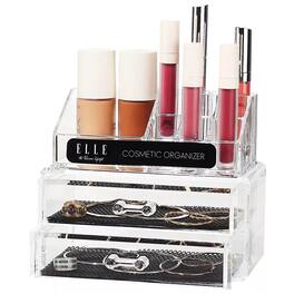 Elle - Acrylic Cosmetic Organizer, 2 Drawers 3-Tiered Compartments Compact Vanity Storage for Skincare and Makeup Brushes - Clear