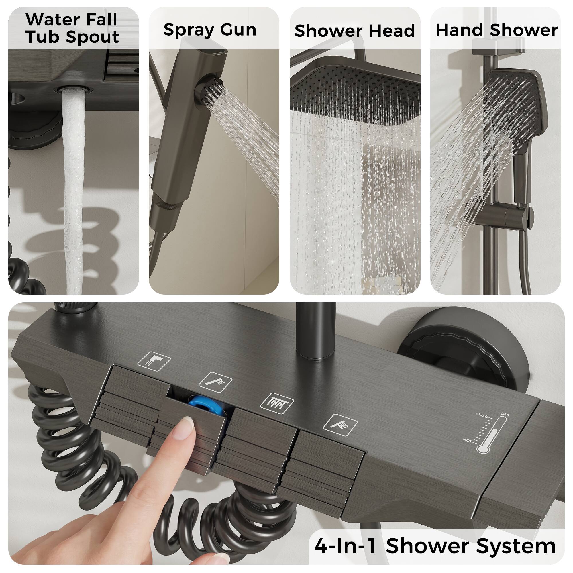 Water Fall Tub Spout Spray Gun Shower Head Hand Shower 4-In-1 Shower System