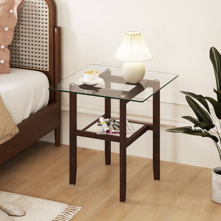 Left. SlickBlue - 2-Tier Square Glass Coffee Table with Storage Shelf for Living Room - Transparent, Brown.