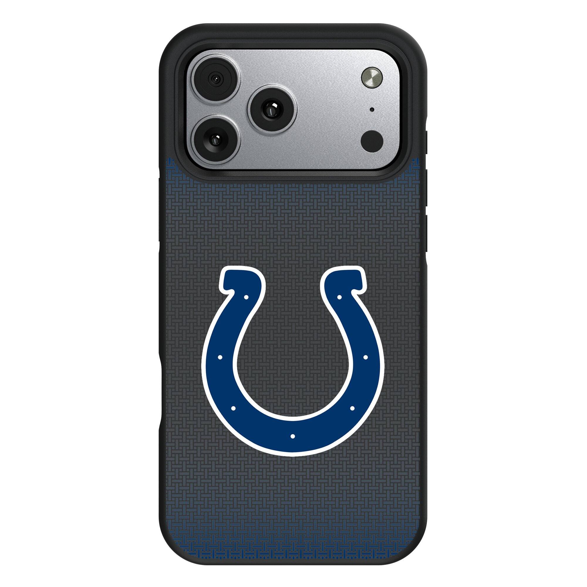 Front. Keyscaper - Indianapolis Colts Linen Logo iPhone Bump Case - 15 Pro - Black.