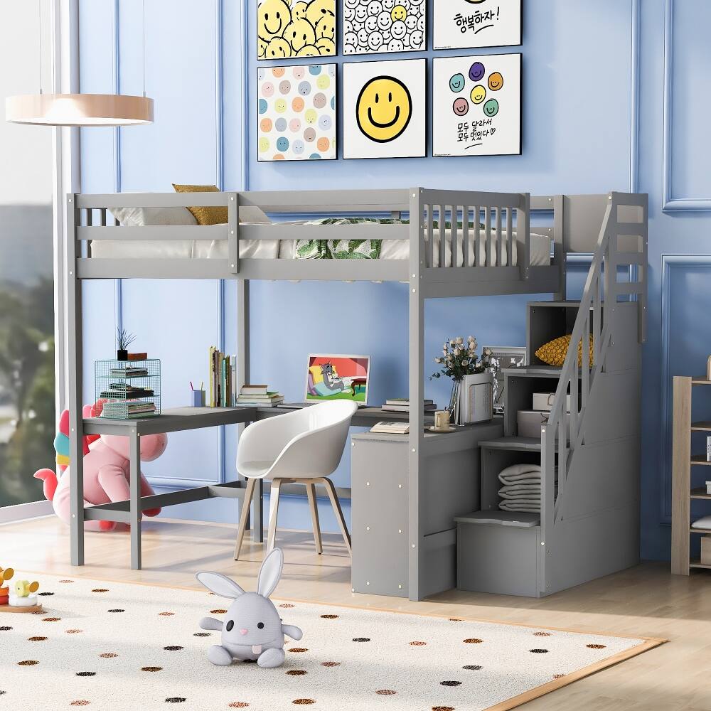 Left. Loheer - Loheer Full Size Loft Bed with Desk, Gray Loft Bed with Storage Stairs and Shelves, Pine Wood - Gray.