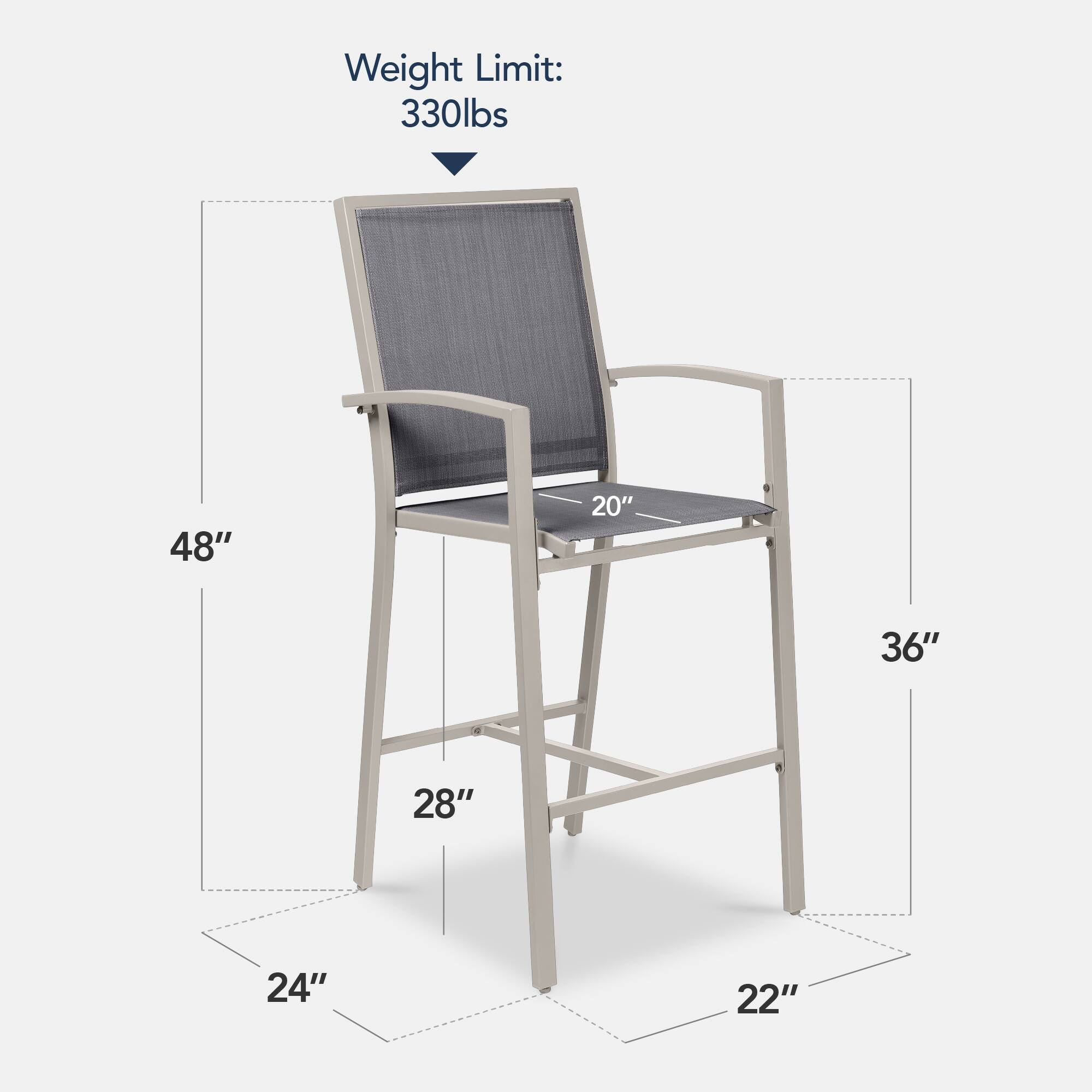 Weight Limit: 330lbs

48"  
36"  
28"  
24"  
22"  
20"