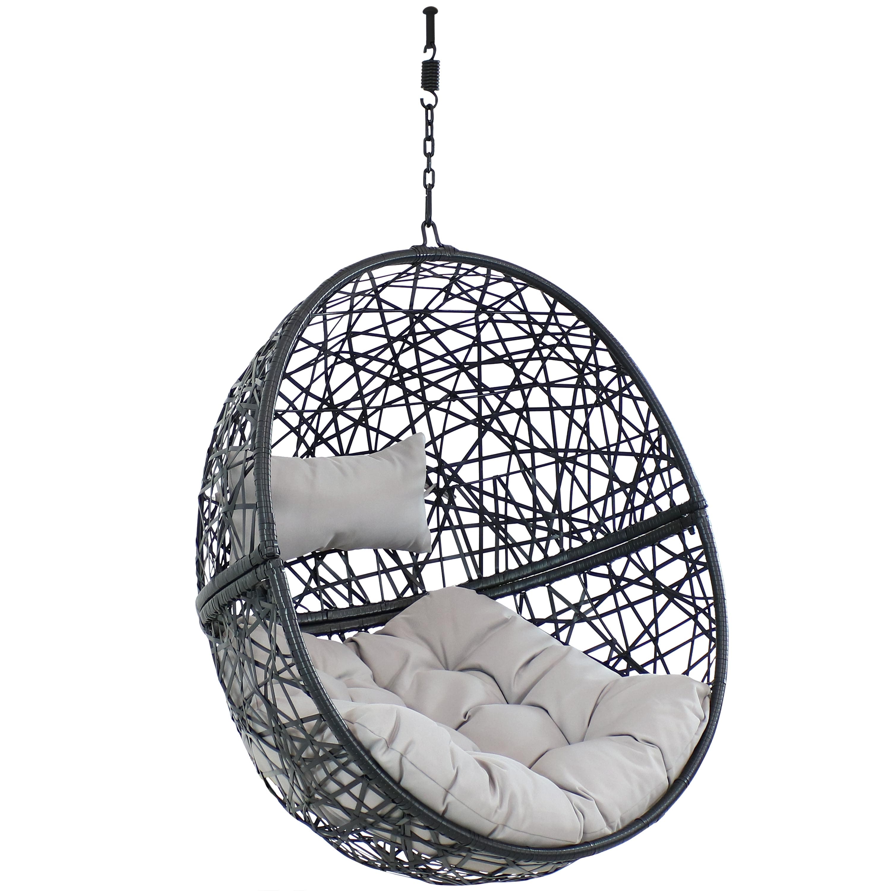 Sunnydaze - Black Resin Wicker Round Hanging Egg Chair with Cushions - Gray