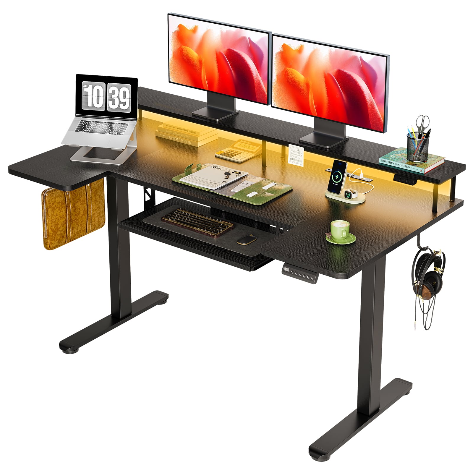 AODK - 55" U-Shaped Electric Height-Adjustable Standing Desk with Keyboard Tray,Power Outlets and LED Lights - BLack