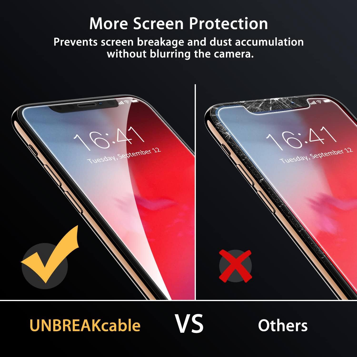 More Screen Protection  
Prevents screen breakage and dust accumulation without blurring the camera.  

16:41 September 12 Tuesday,  
16:41 September 12 Tuesday,  

UNBREAKcable VS Others