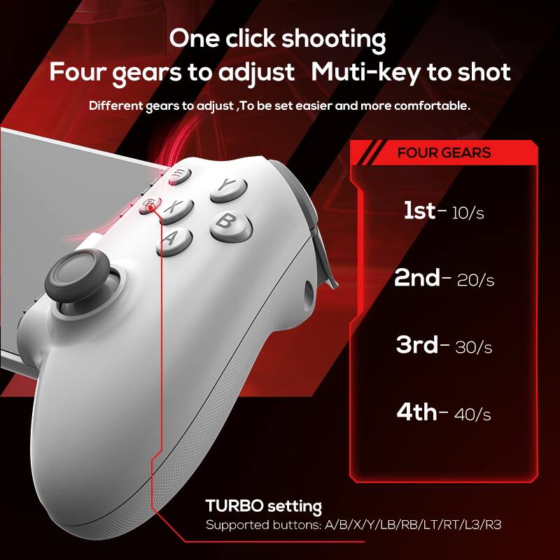 One click shooting  
Four gears to adjust  
Multi-key to shot  
Different gears to adjust, To be set easier and more comfortable.  

E X A Y  

FOUR GEARS  
1st - 10/s  
2nd - 20/s  
3rd - 30/s  
4th - 40/s  

TURBO setting  
Supported buttons: A/B/X/Y/LB/RB/LT/RT/L3/R3