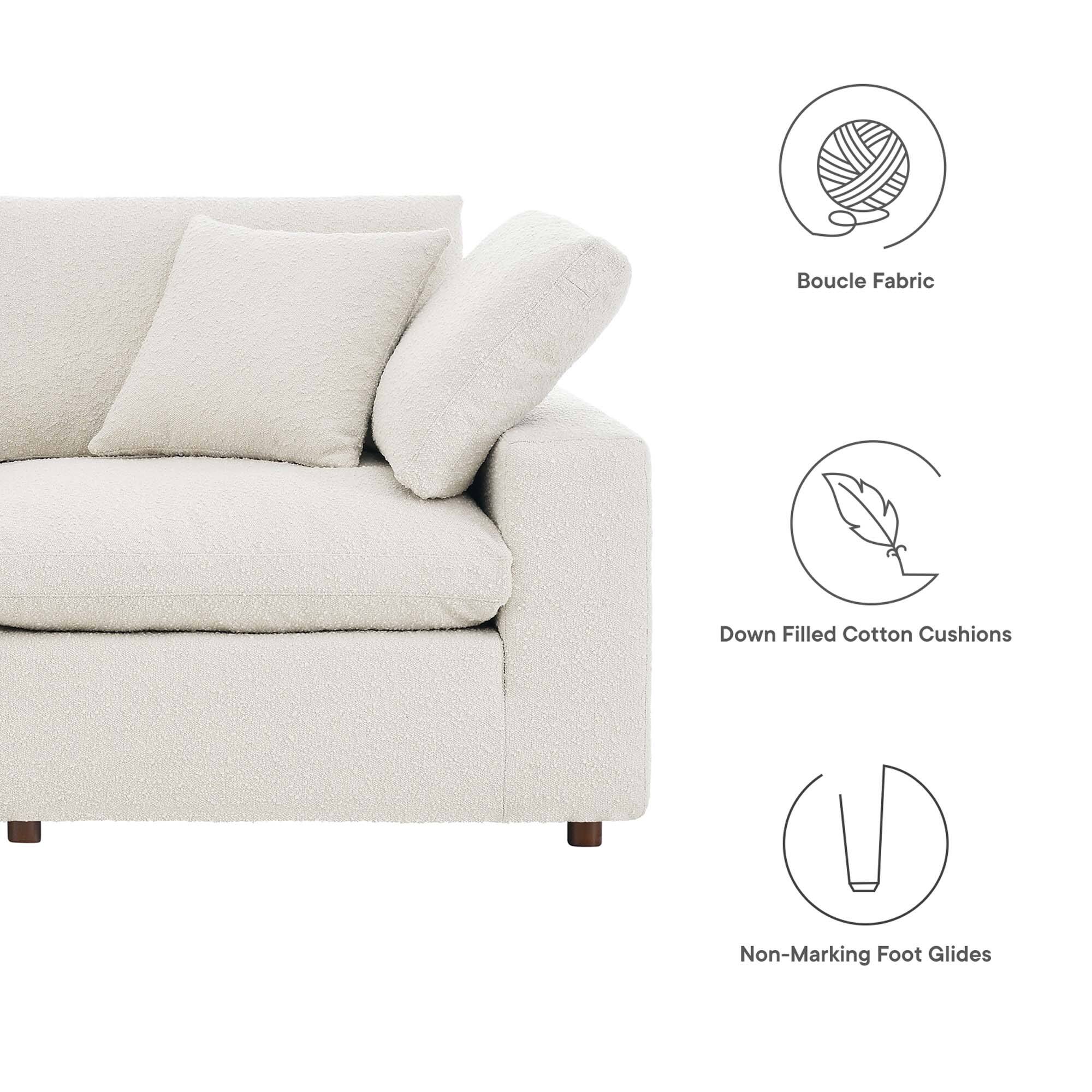 - Boucle Fabric
- Down Filled Cotton Cushions
- Non-Marking Foot Glides