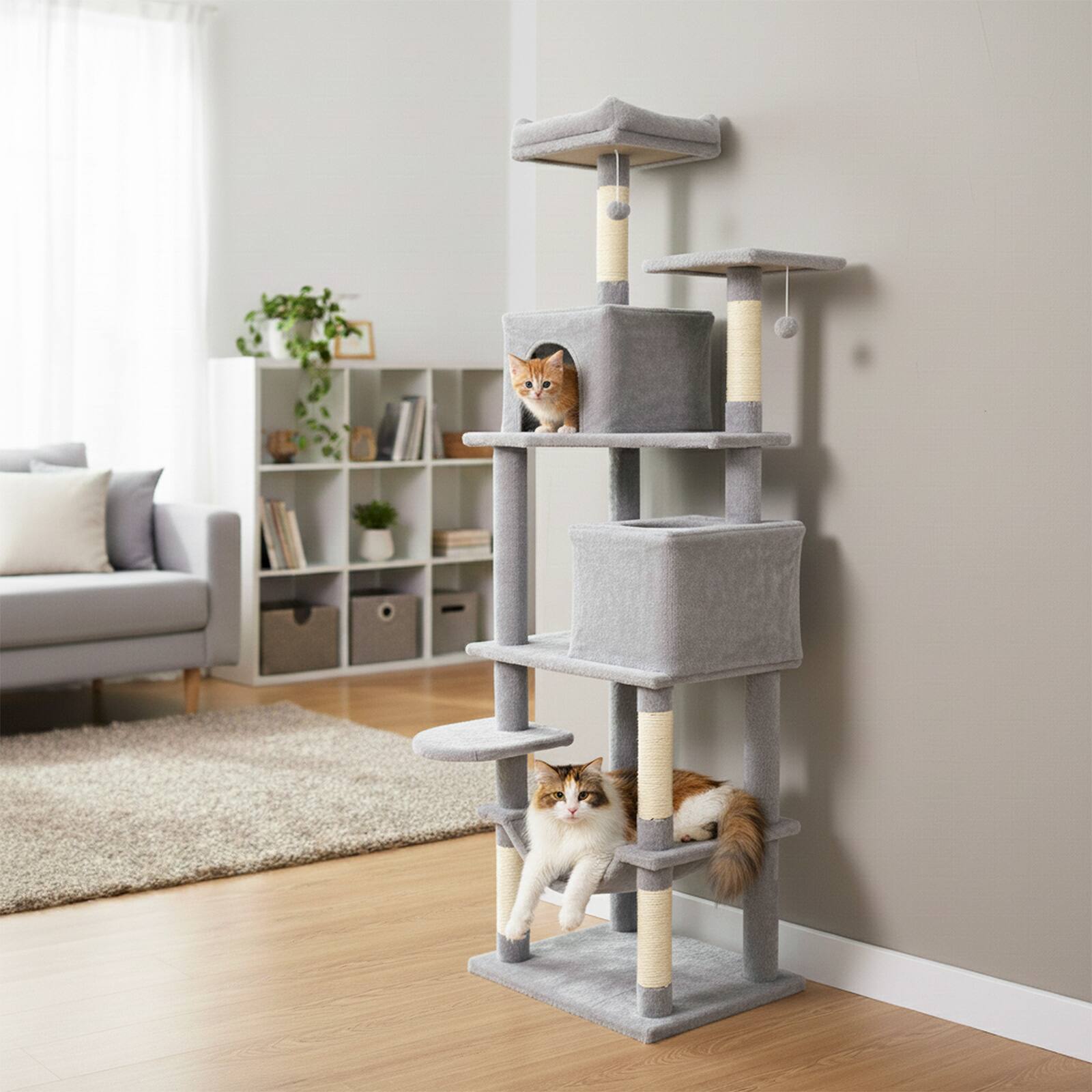 Alt View 1. Costway - Costway 70" Cat Tree for Indoor Cats with Padded Top Perch, Dual Condos, Hammock, Platforms - Light Gray.