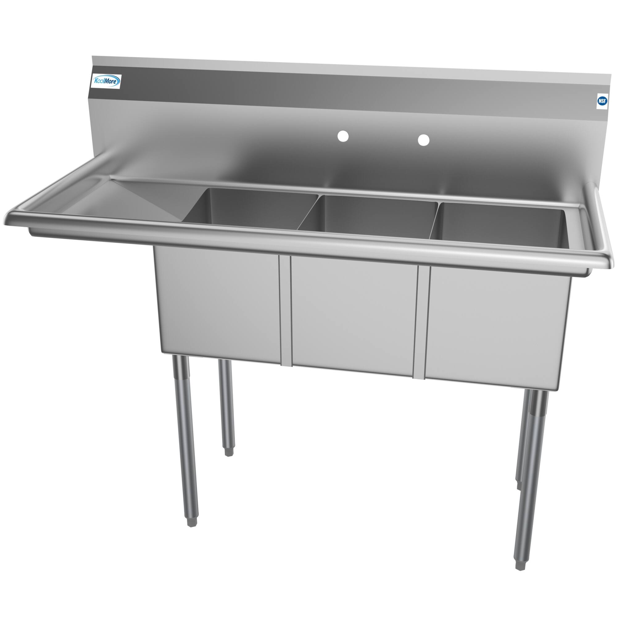 Alt View 4. Koolmore - 51 in. Three Compartment Stainless Steel  Sink with Drainboard, Bowl Size 12"x 16"x 10" SC121610-12L3. - Stainless Steel.