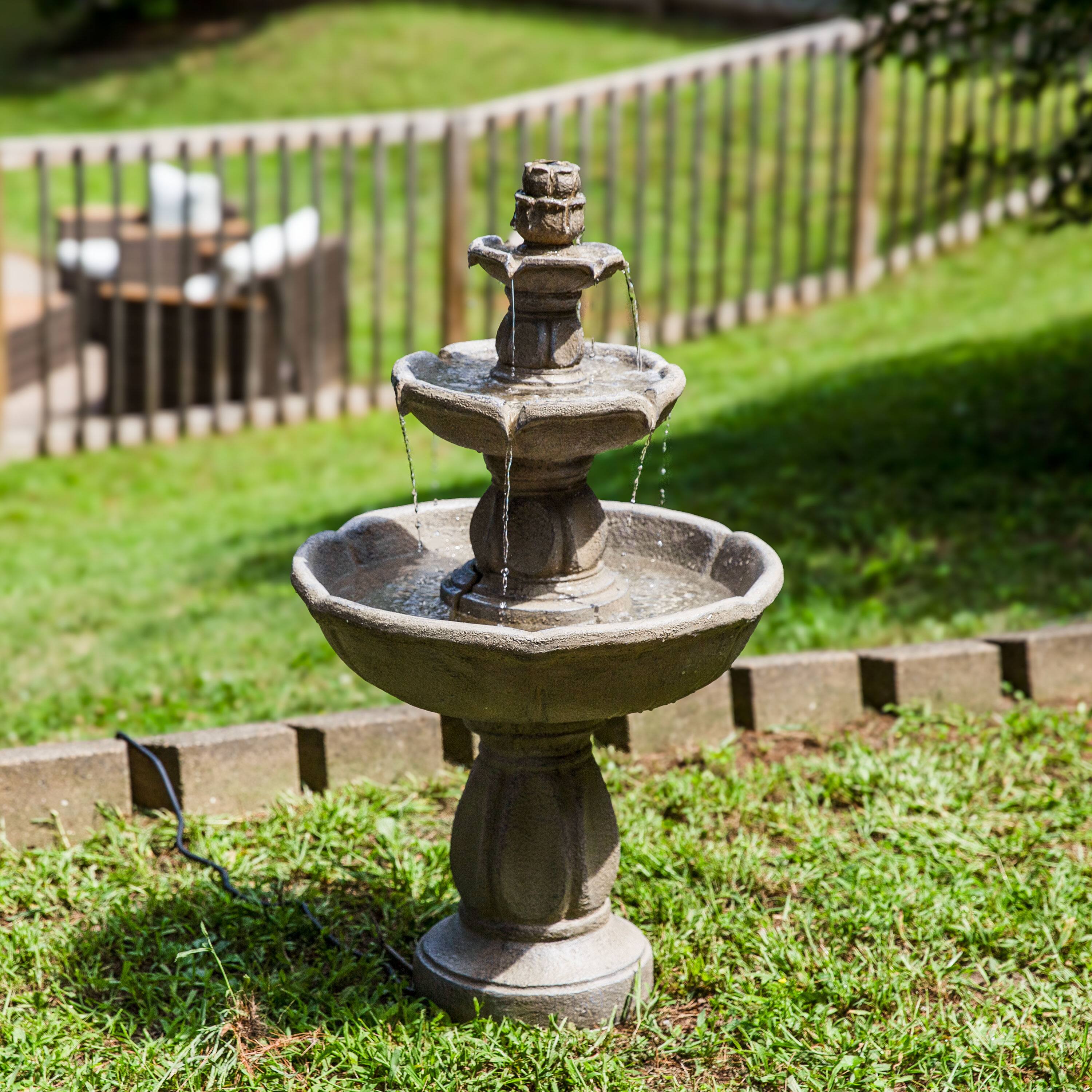 Alt View 4. Sunnydaze - Birds' Delight Fiberglass Outdoor 3-Tier Water Fountain - Light Brown.
