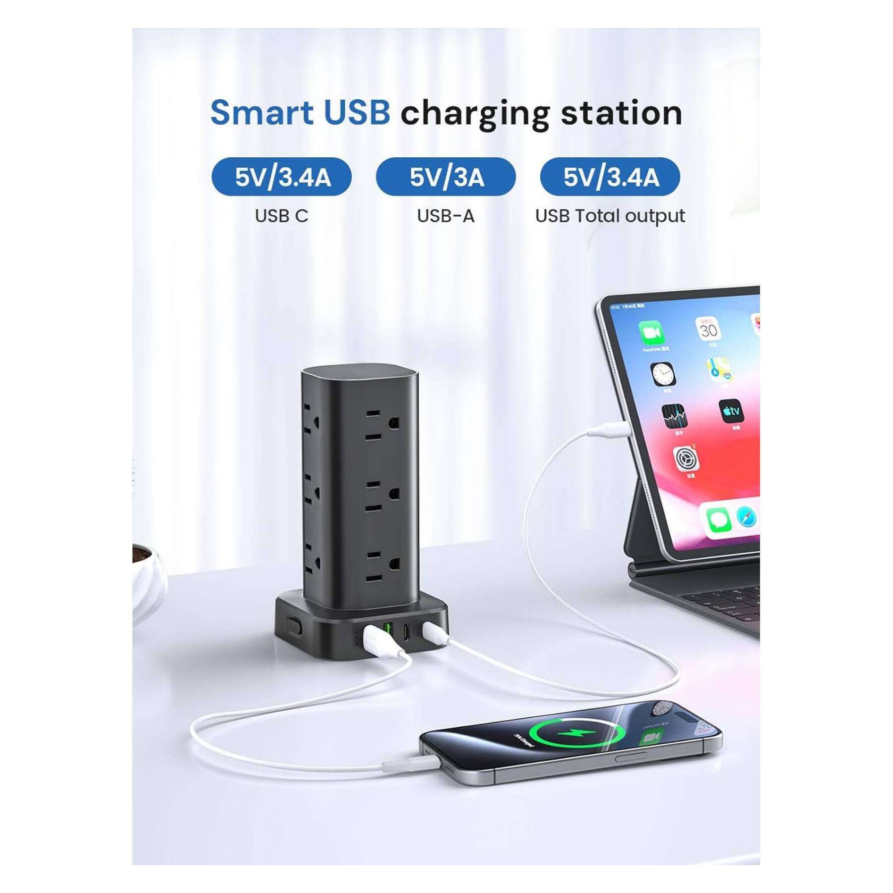 Smart USB charging station

5V/3.4A USB C  
5V/3A USB-A  
5V/3.4A USB Total output