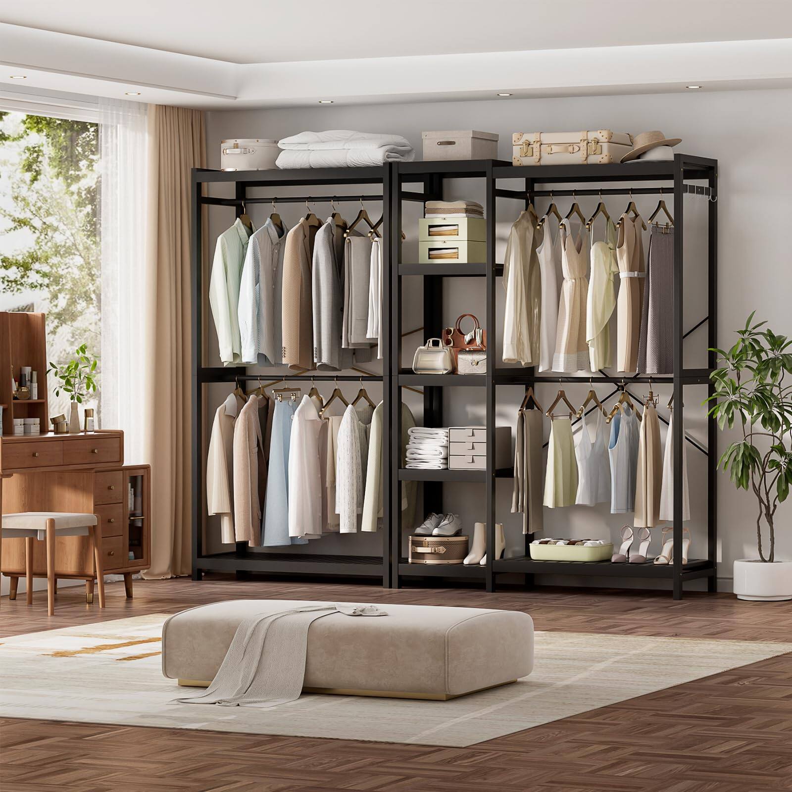 Alt View 7. Hirose Alice - Homykic Bamboo Clothes Rack with Shelves and Double Hang Rods  Closet System Garment Rack for Hanging Clothes - Natural I Single.