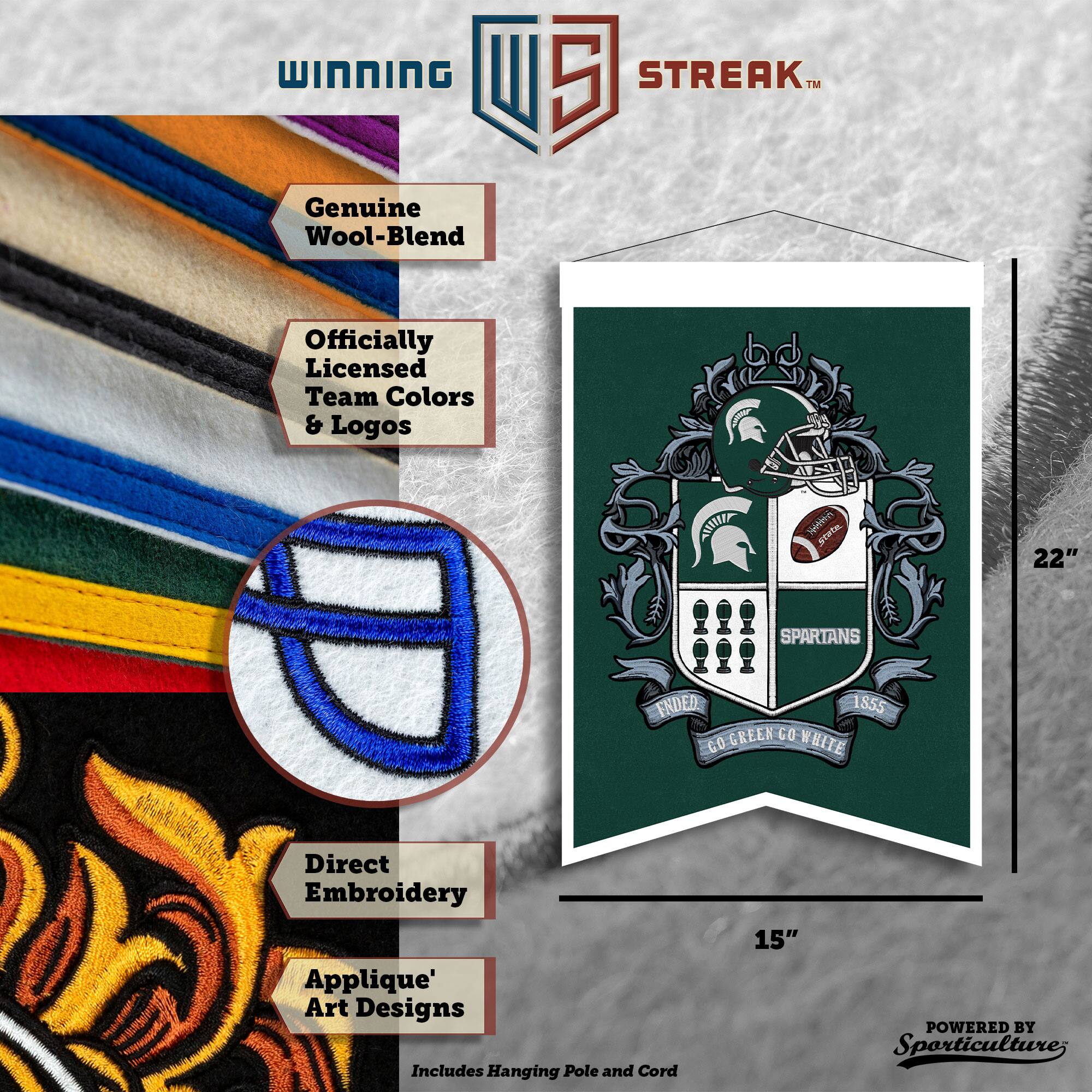 WINNING U 5 STREAK™ Genuine Wool-Blend Officially Licensed Team Colors & Logos CTSILEEY Nhinore STate 22" SPARTANS FND 1855 CO GREEN GO WHITE Direct Embroidery Applique' Art Designs Includes Hanging Pole and Cord 15" POWERED BY Sporticulture