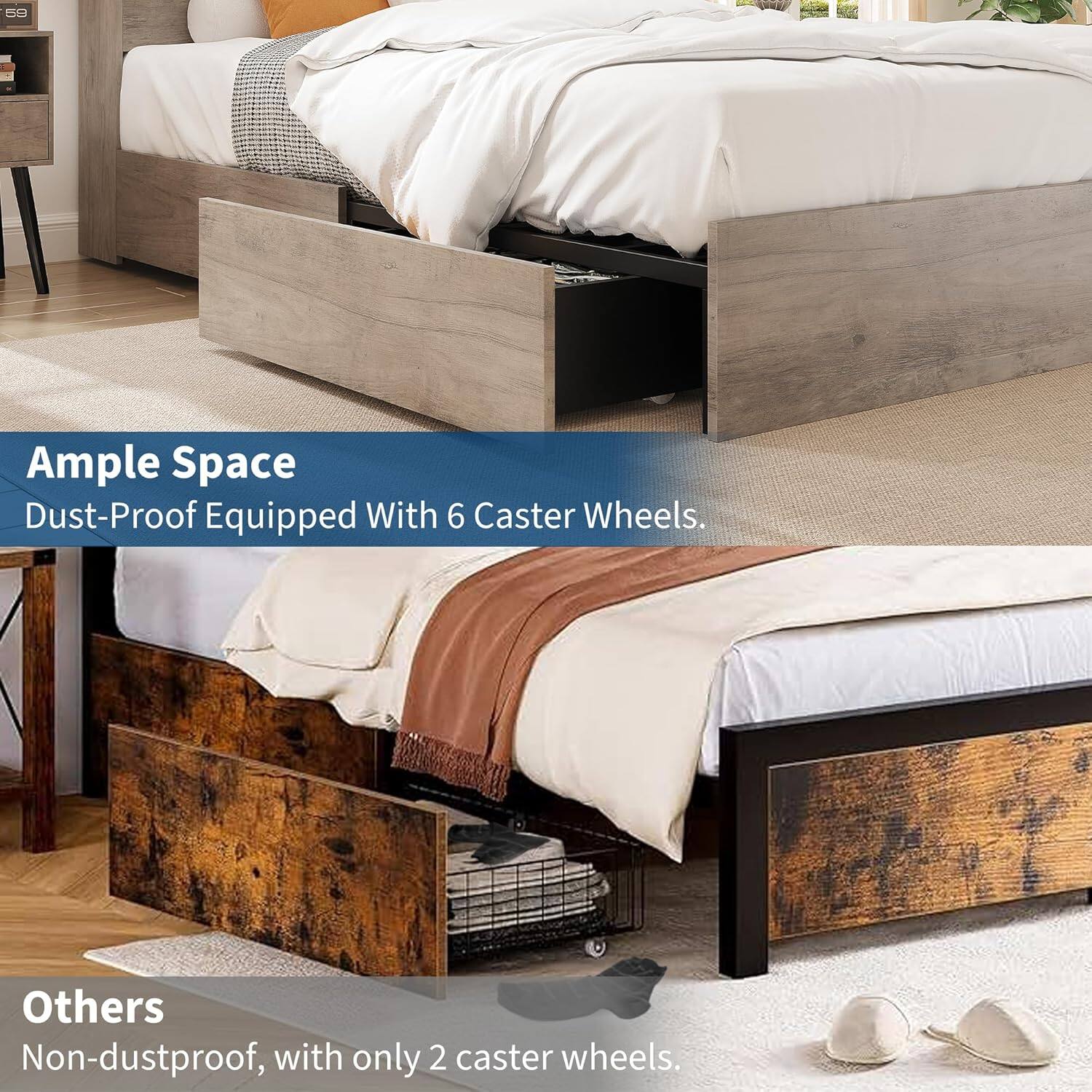 Ample Space  
Dust-Proof Equipped With 6 Caster Wheels.

Others  
Non-dustproof, with only 2 caster wheels.