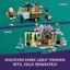 The image features a Lego Friends set with a cafe and a food truck. The set includes a variety of mini figures, such as a woman holding a cupcake and a man standing near a food truck. The Lego set is displayed in a purple background, and the image is advertising more Lego Friends sets that can be purchased separately.