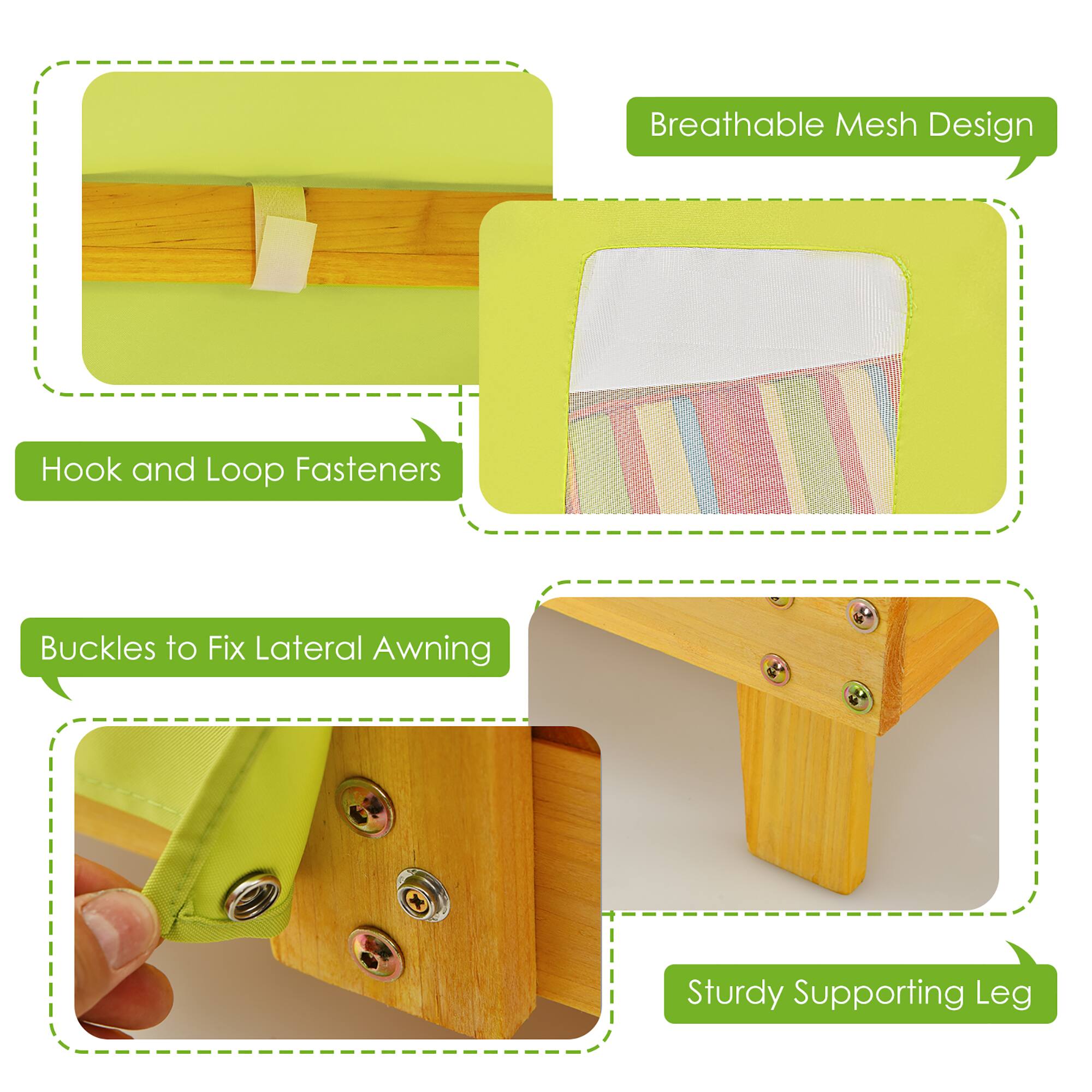 - Breathable Mesh Design
- Hook and Loop Fasteners
- Buckles to Fix Lateral Awning
- Sturdy Supporting Leg