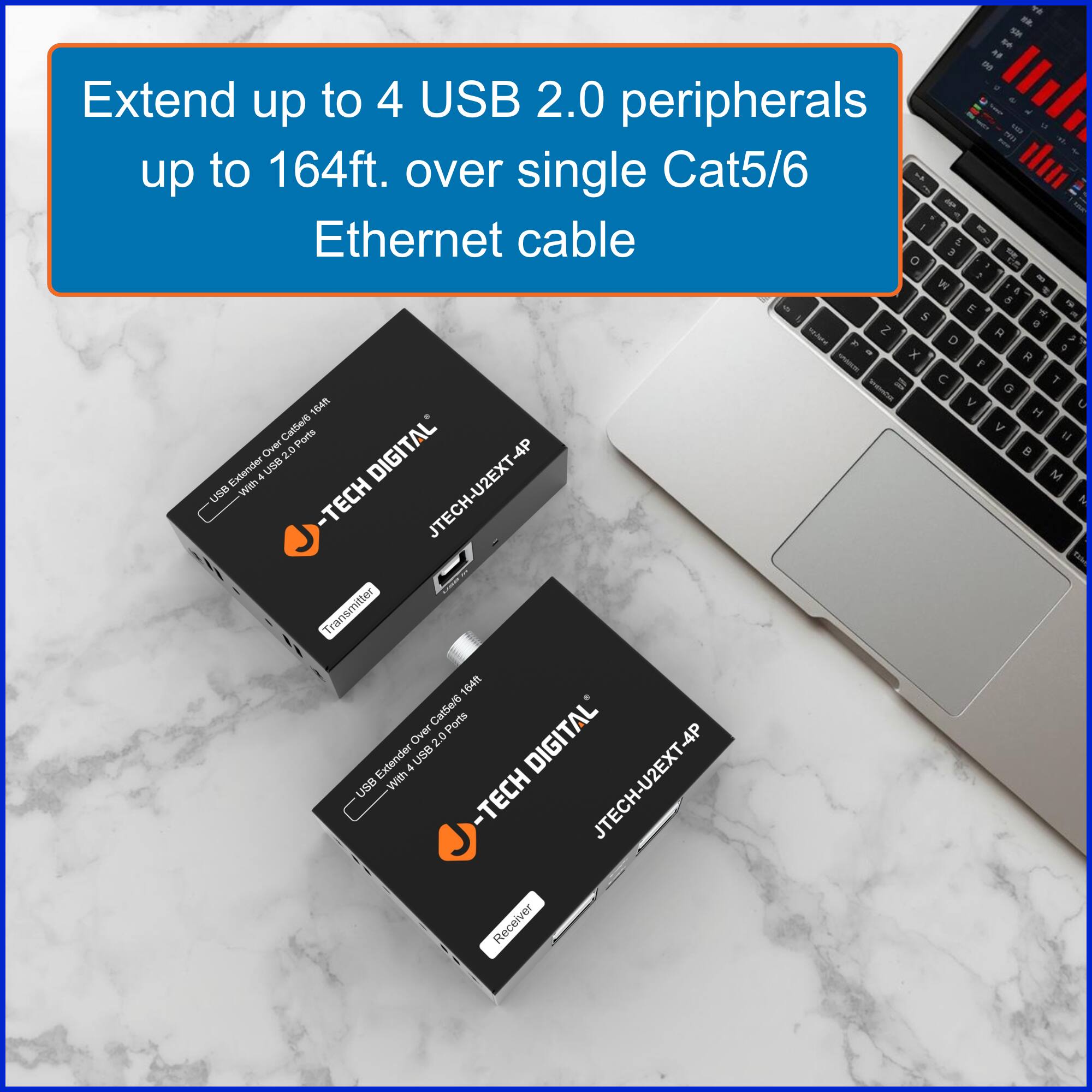 Extend up to 4 USB 2.0 peripherals up to 164ft. over single Cat5/6 Ethernet cable

USB Extender Over Cat5e/6 164ft
With 4 USB 2.0 Ports

JTECH DIGITAL
JTECH-U2EXT-4P

Transmitter

USB Extender Over Cat5e/6 164ft
With 4 USB 2.0 Ports

JTECH DIGITAL
JTECH-U2EXT-4P

Receiver