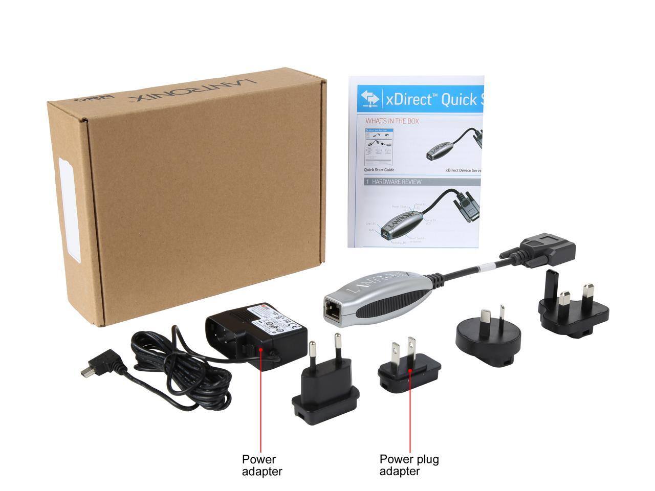 xDirect™ Quick Start Guide  
WHAT'S IN THE BOX  
1 HARDWARE REVIEW  
- Quick Start Guide  
- xDirect Device Server  
- Power adapter  
- Power plug adapter