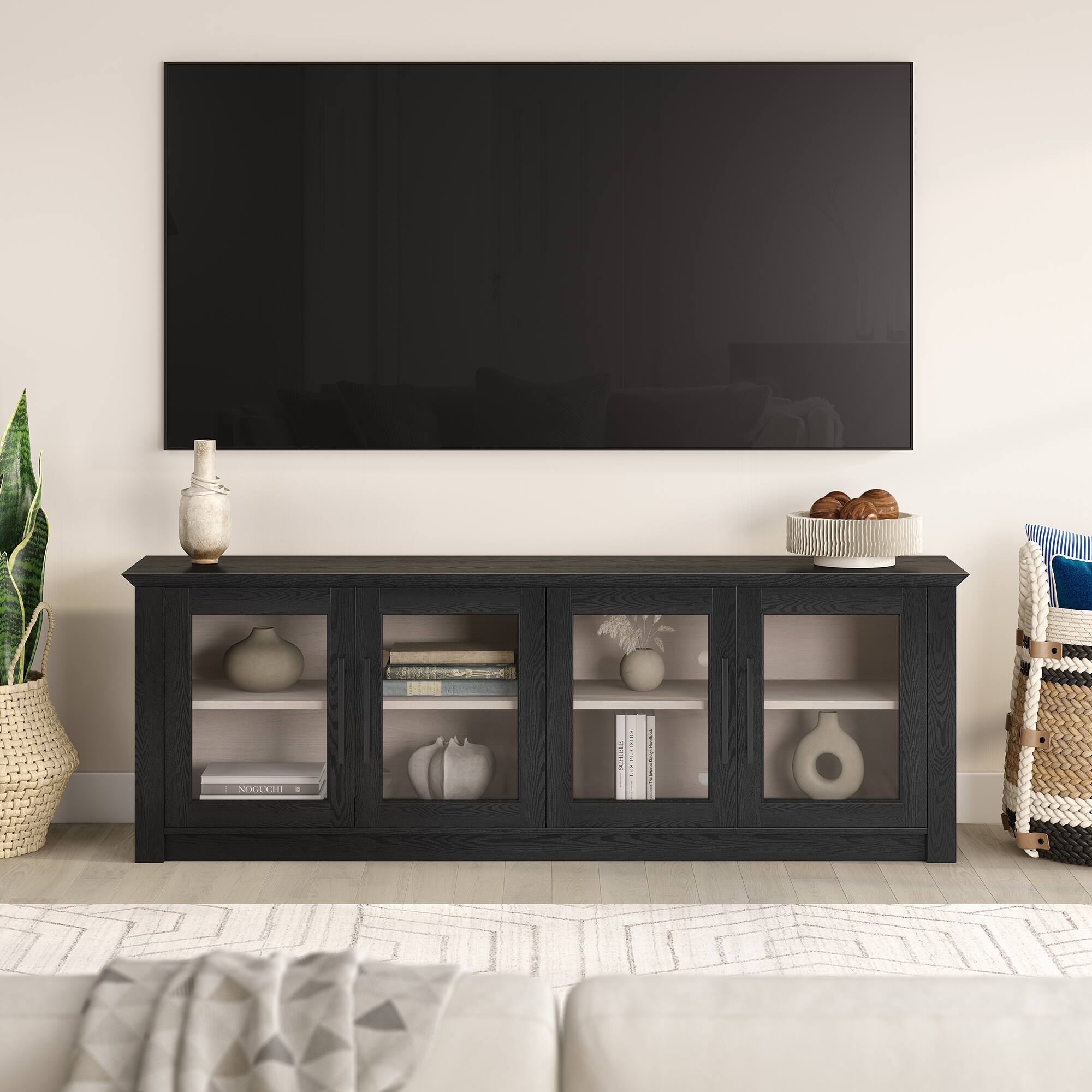Alt View 2. Hudson&Canal - Thornwell Rectangular TV Stand for TV's up to 78" with Glass Doors in Black Grain/Alder White - Black Grain/Alder White.