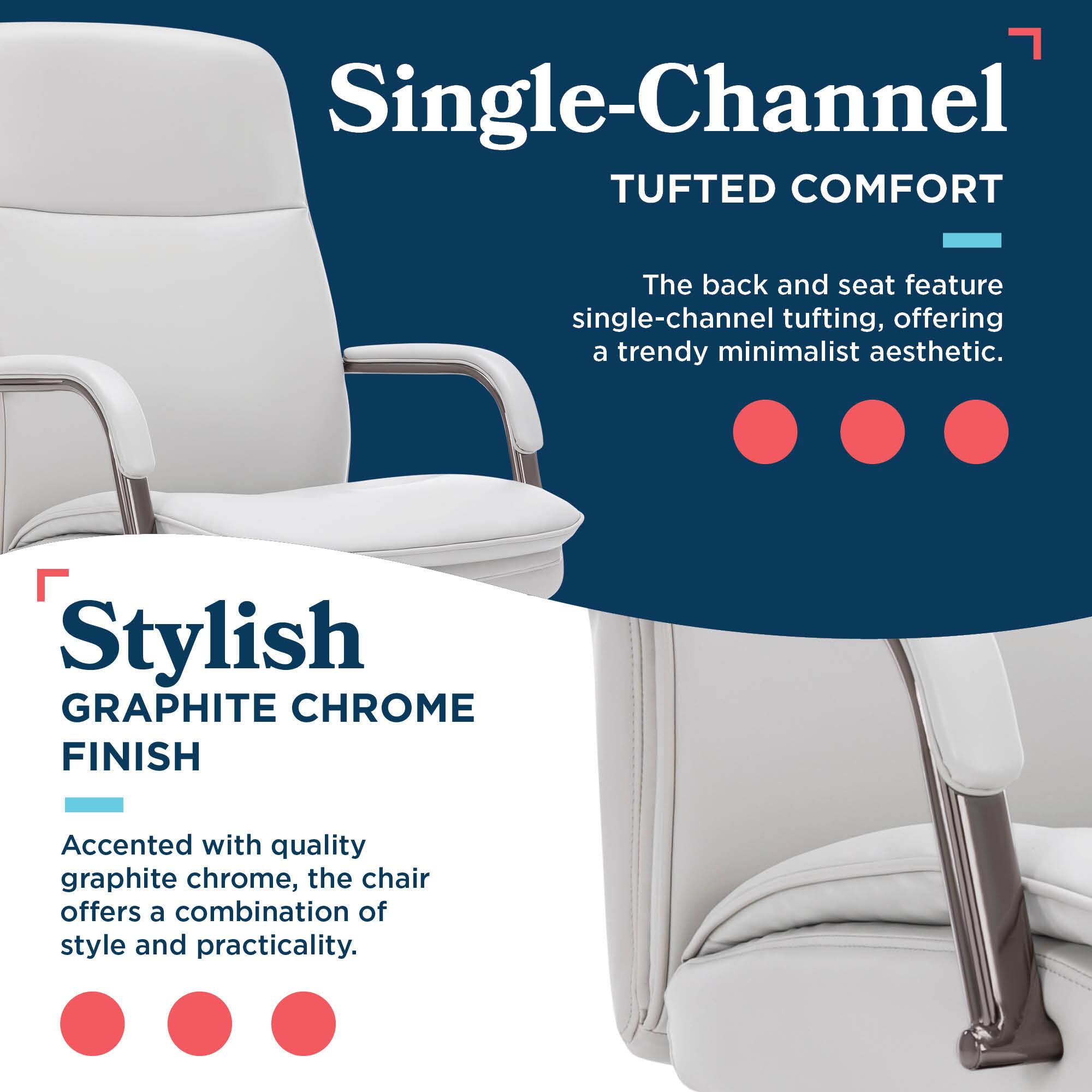 Single-Channel TUFTED COMFORT: The back and seat feature single-channel tufting, offering a trendy minimalist aesthetic.
Stylish GRAPHITE CHROME FINISH: Accented with quality graphite chrome, the chair offers a combination of style and practicality.