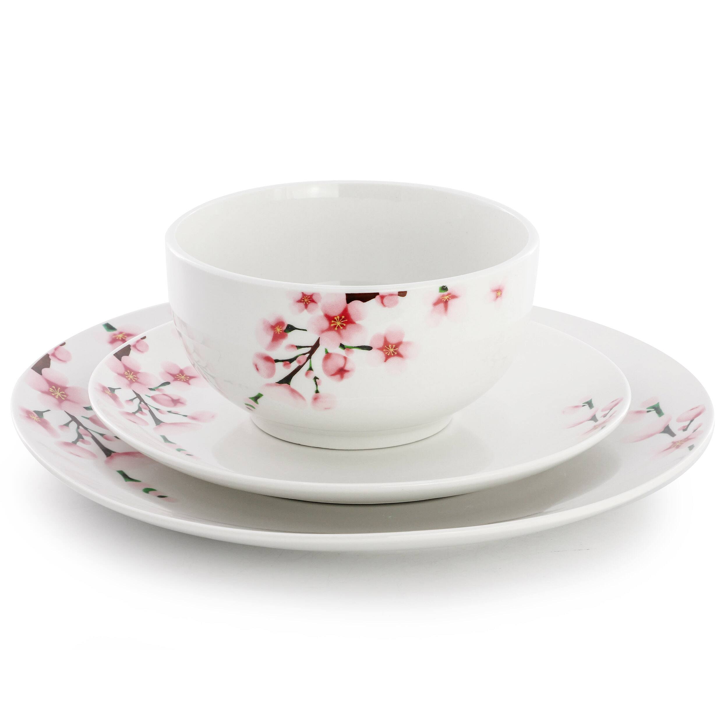 Angle. Elama - Elama Tamara 12 Piece Cherry Blossom Porcelain Dinnerware Set, Service for 4 in White and Pink - White and Pink.