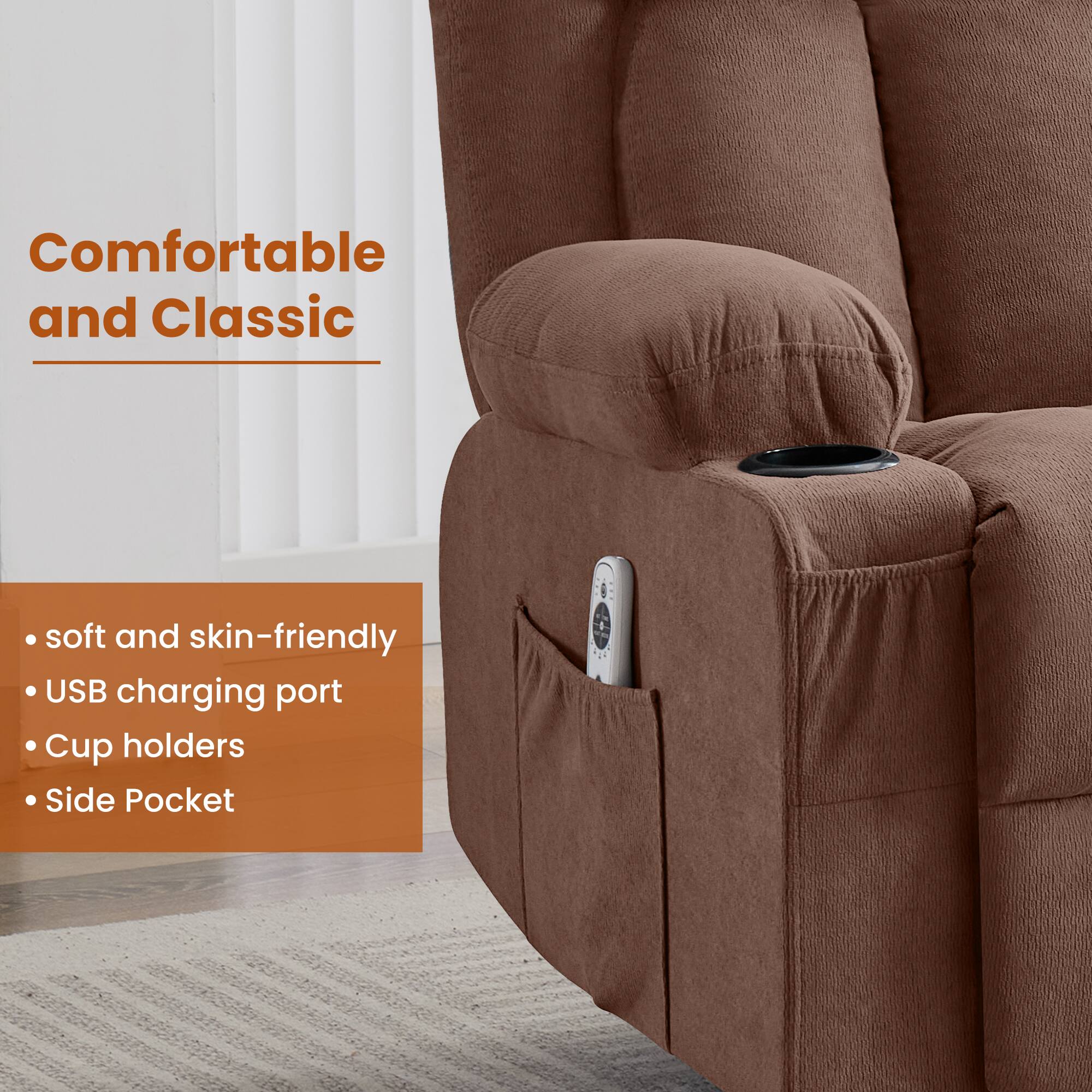 Comfortable and Classic

- soft and skin-friendly
- USB charging port
- Cup holders
- Side Pocket