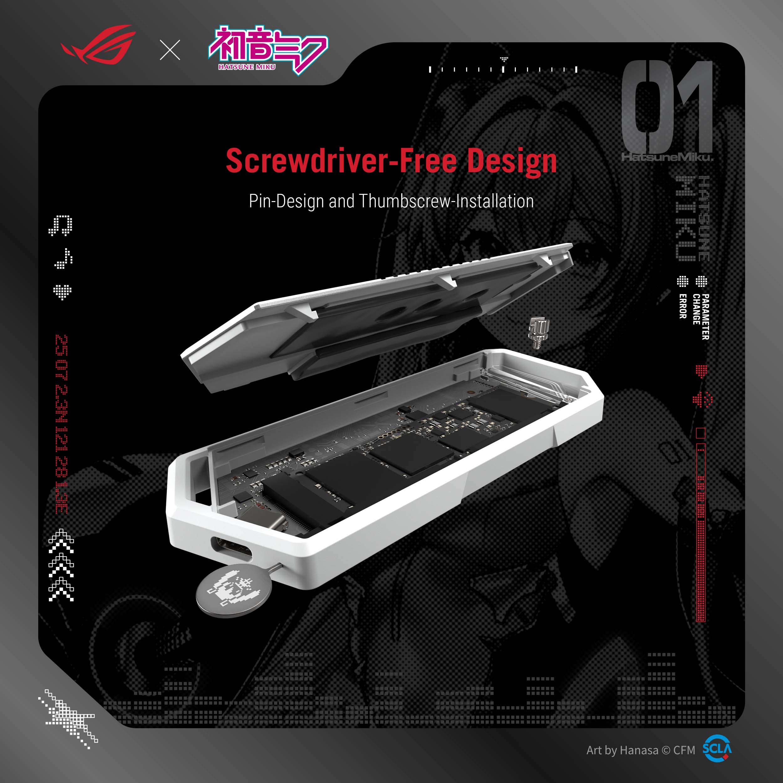 Sure, here is the corrected and grouped text from the image:

---

**Top Left:**
- 初音ミク (Hatsune Miku)

**Top Center:**
- Screwdriver-Free Design
- Pin-Design and Thumbscrew-Installation

**Top Right:**
- 01
- Hatsune Miku

**Left Side:**
- 25/07/2011 21:01:53

**Bottom Right:**
- Art by Hanasa © CFM
- SCLA

**Bottom Center:**
- ERROR CHANGE PARAMETER

**Bottom Left:**
- HATSUNE MIKU
- PHASE 1
- FRAME 1
- CHANGE PARAMETER

**Bottom Center (on the device):**
- HATSUNE MIKU

**Bottom Right (on the device):**
- PHASE 1
- FRAME 1

---

This text is organized based on its location in the image.