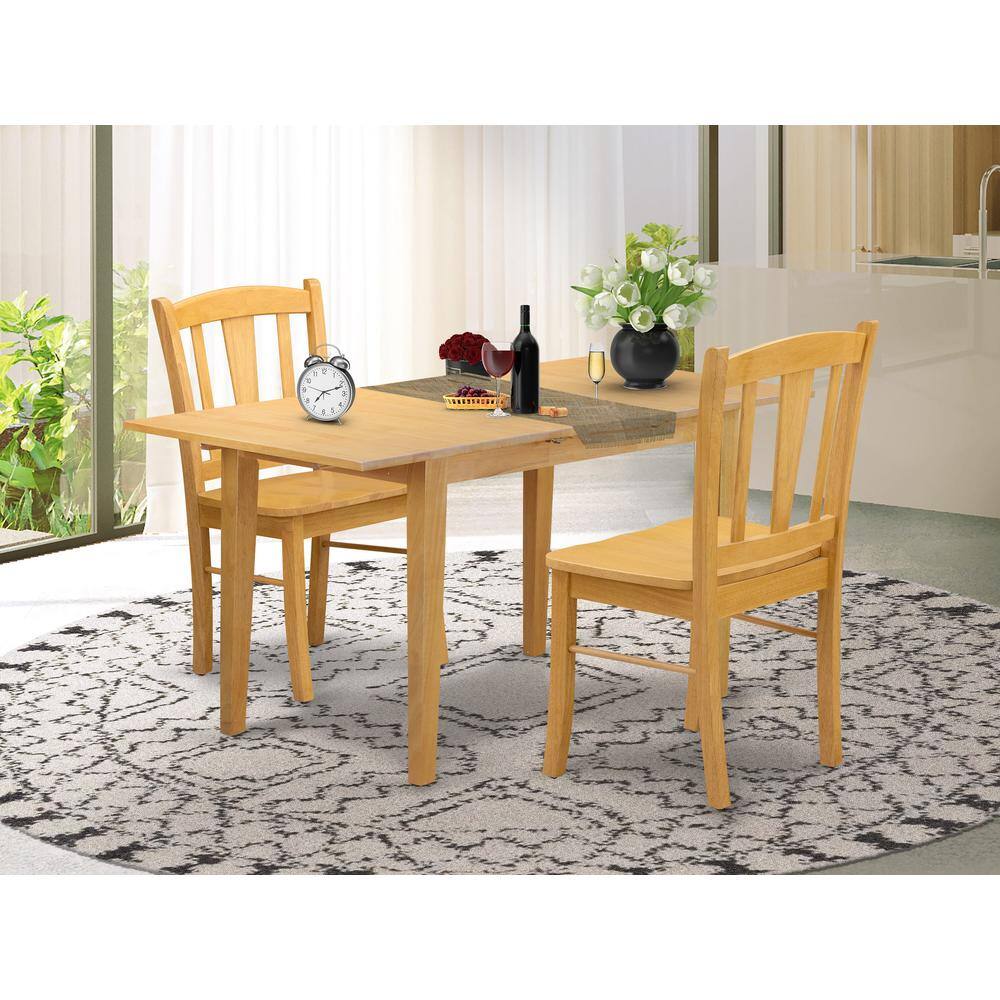 Left. East West Furniture - NFDL3-OAK-W - 3-Piece Dining Room Table Set- 2 Wooden Chairs with Wooden Seat and Slatted Chair Back - Butterfly Leaf - Oak.