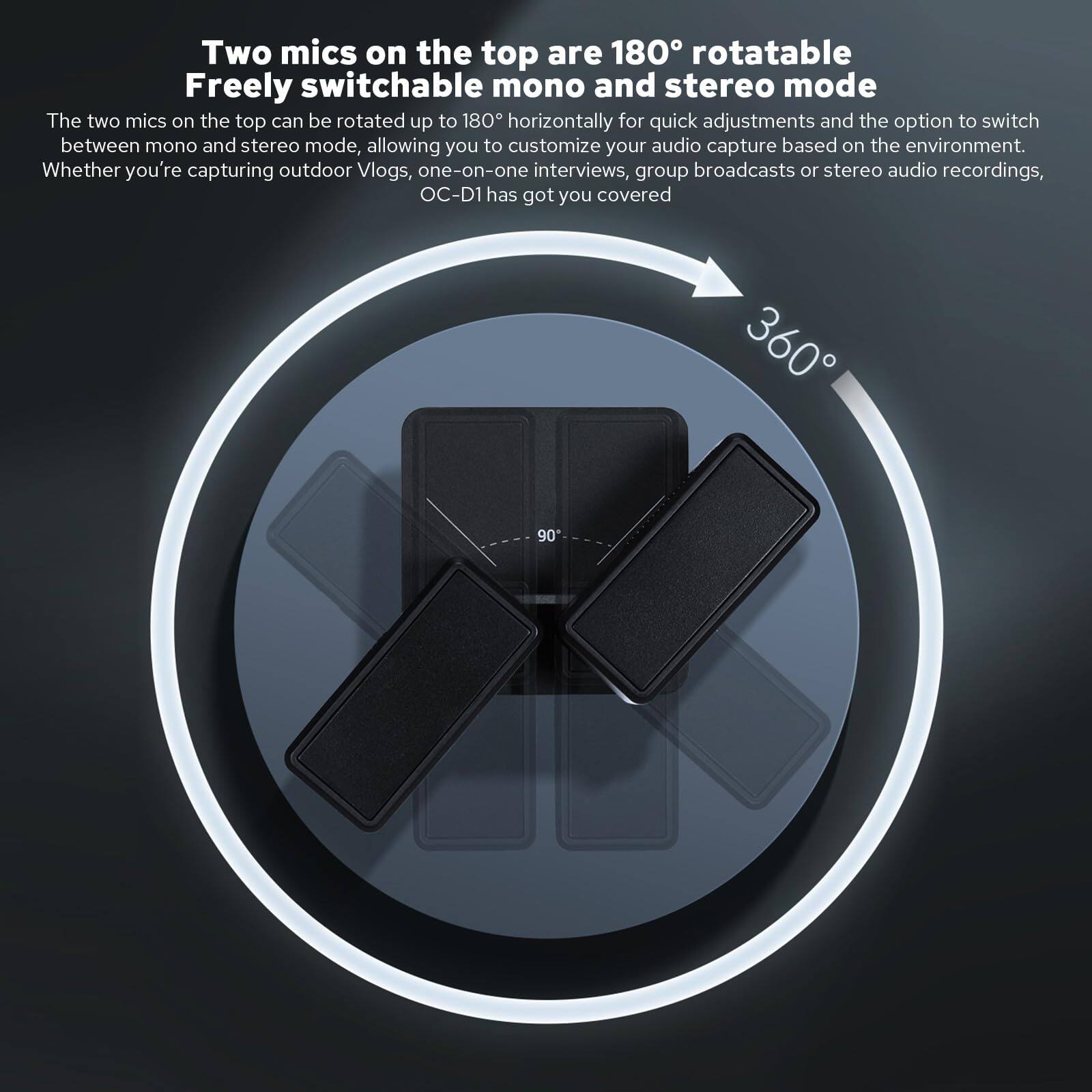 Two mics on the top are 180° rotatable  
Freely switchable mono and stereo mode  

The two mics on the top can be rotated up to 180° horizontally for quick adjustments and the option to switch between mono and stereo mode, allowing you to customize your audio capture based on the environment. Whether you're capturing outdoor Vlogs, one-on-one interviews, group broadcasts or stereo audio recordings, OC-D1 has got you covered.