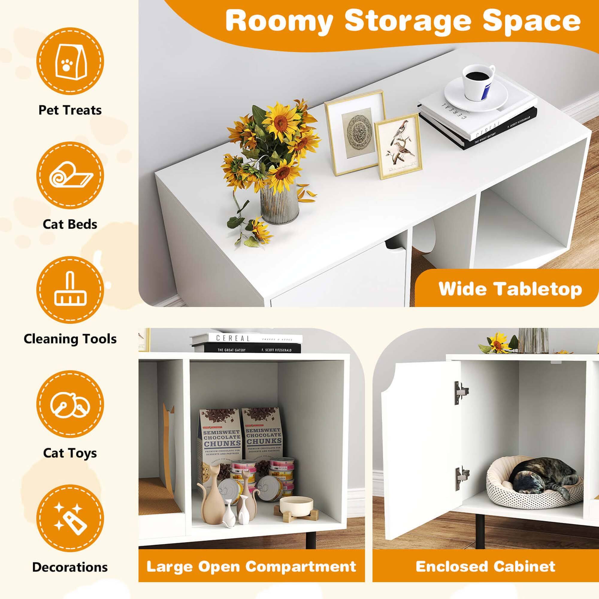 Roomy Storage Space

- Pet Treats
- Cat Beds
- Cleaning Tools
- Cat Toys
- Decorations

Wide Tabletop

Large Open Compartment

Enclosed Cabinet