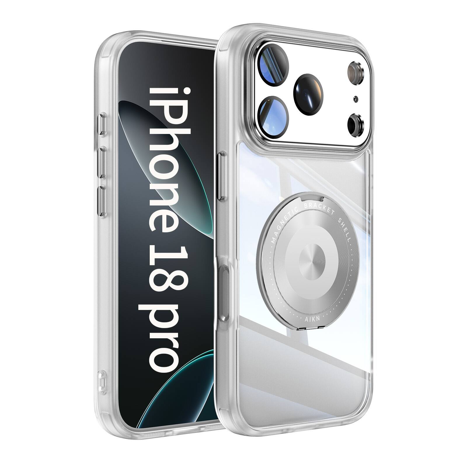 UUCOVER - Magnetic Kickstand Glossy Clear Case for Apple iPhone 18 Pro with Tempered Lens Protector Cover and Rotating Ring Holder - White