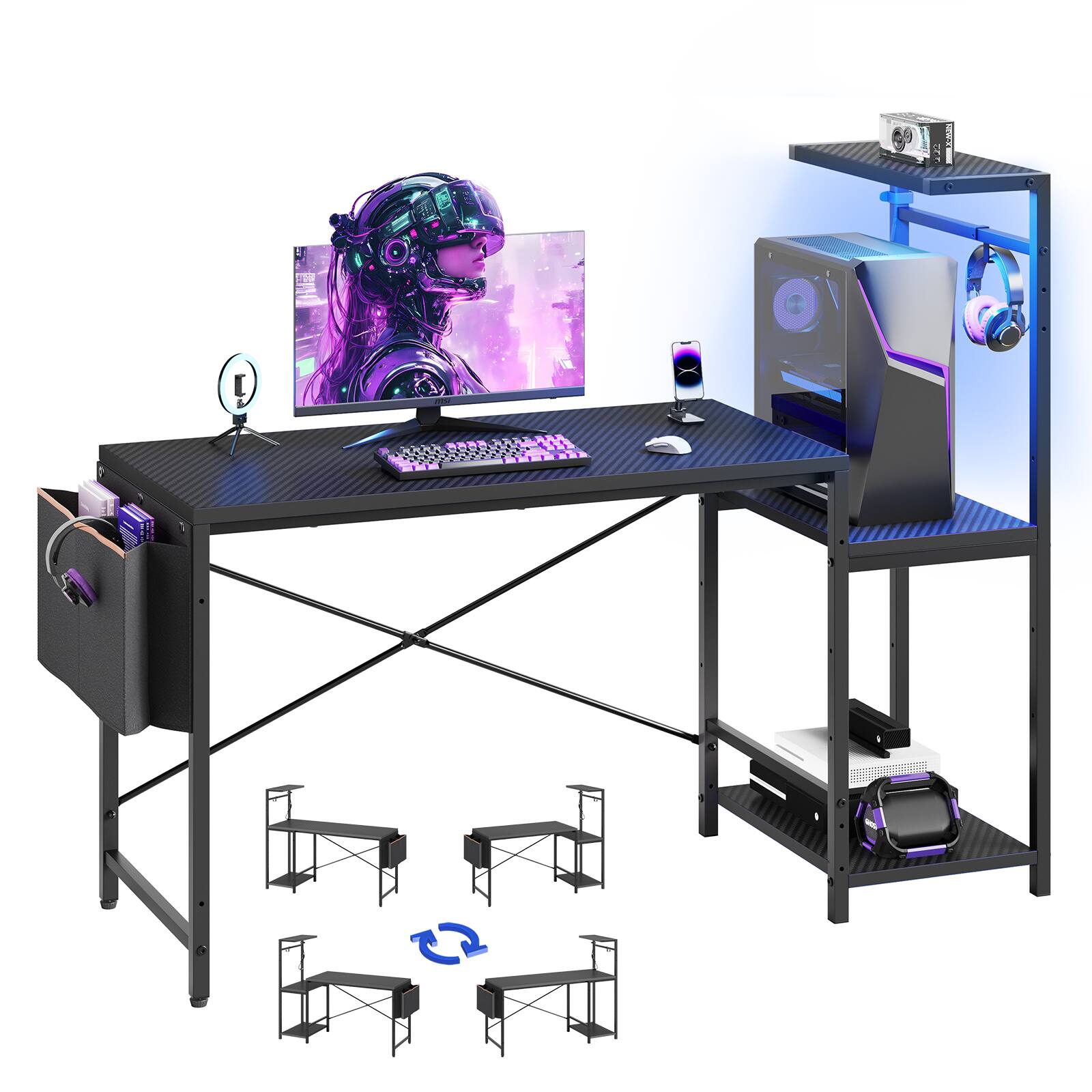 Alt View 5. RSPGAME - 51.3'' Gaming Desk with LED & Storage Drawer Ergonomic Computer Desk Headphone Hook, PC Gaming Desk for Home Office - Black.