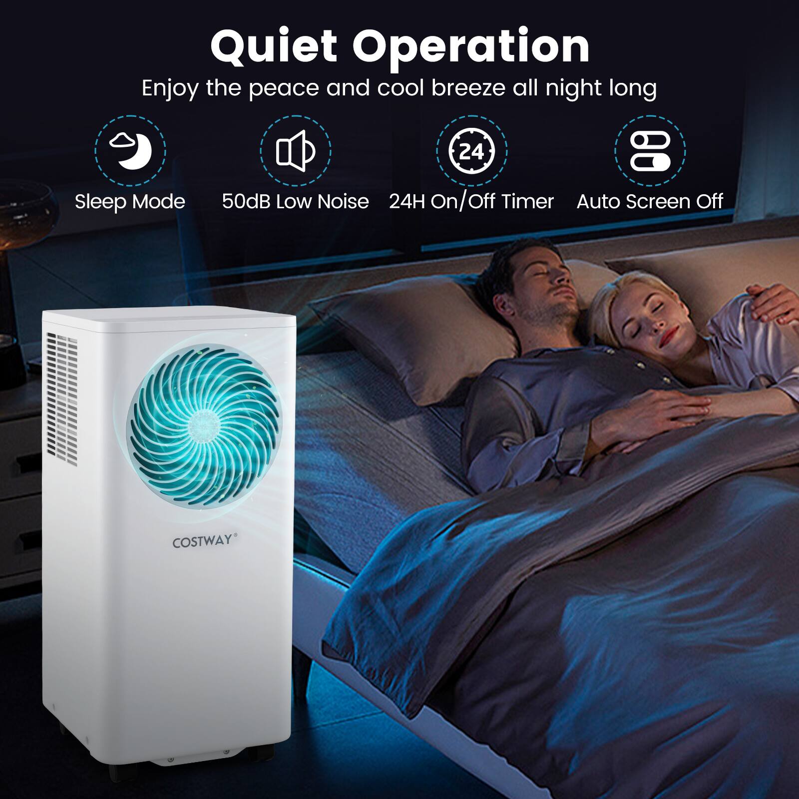 Quiet Operation: Enjoy the peace and cool breeze all night long.

24/7 Sleep Mode: 50dB Low Noise.

24H On/Off Timer: Auto Screen Off.

COSTWAY.