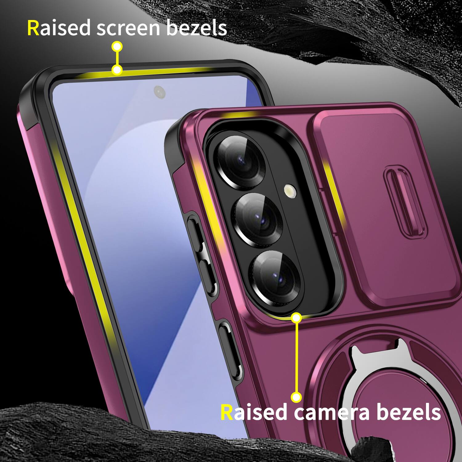 Raised screen bezels  
Raised camera bezels