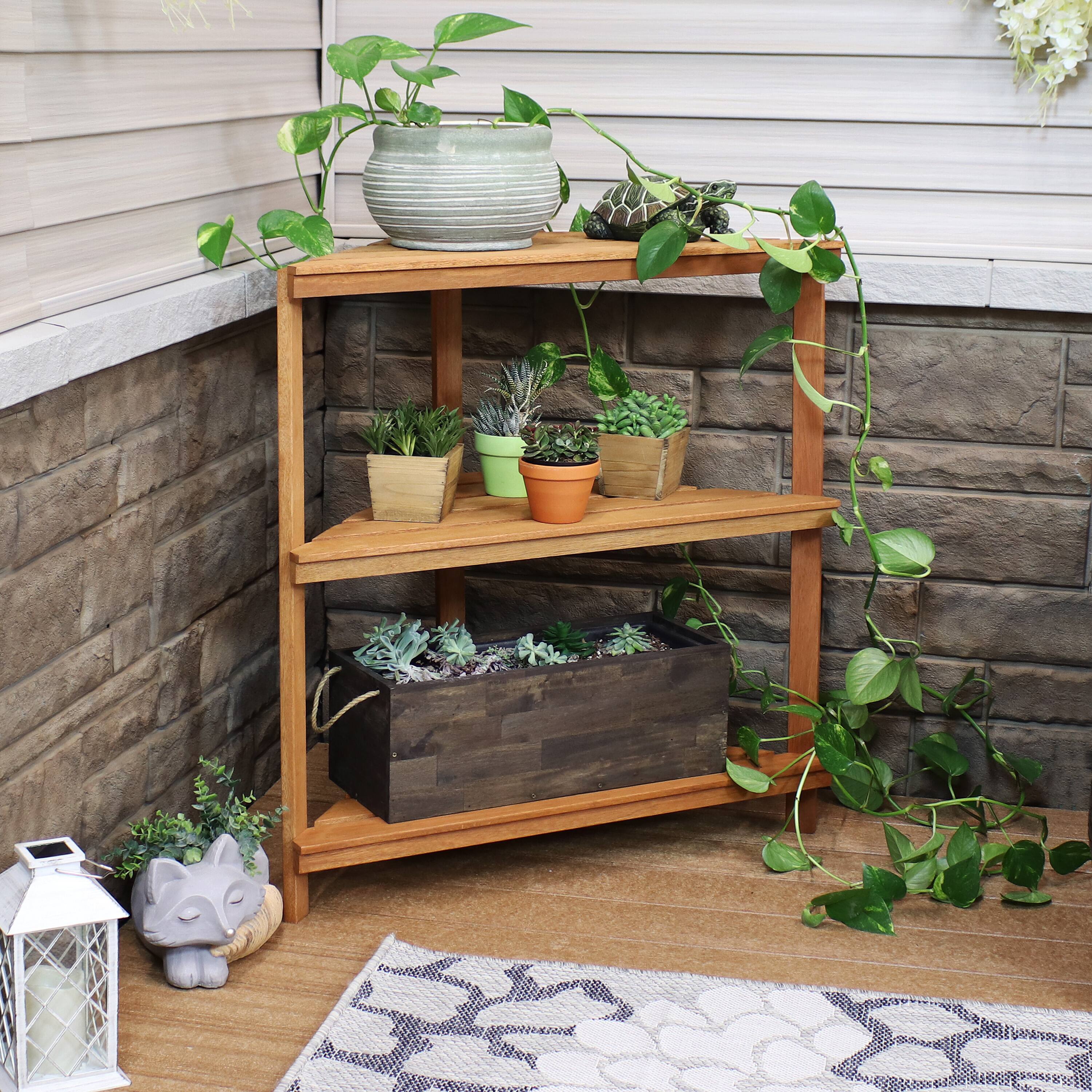 Alt View 1. Sunnydaze - Meranti Wood/Teak Oil Finish 3-Tier Corner Plant Stand - 36 in - Brown.