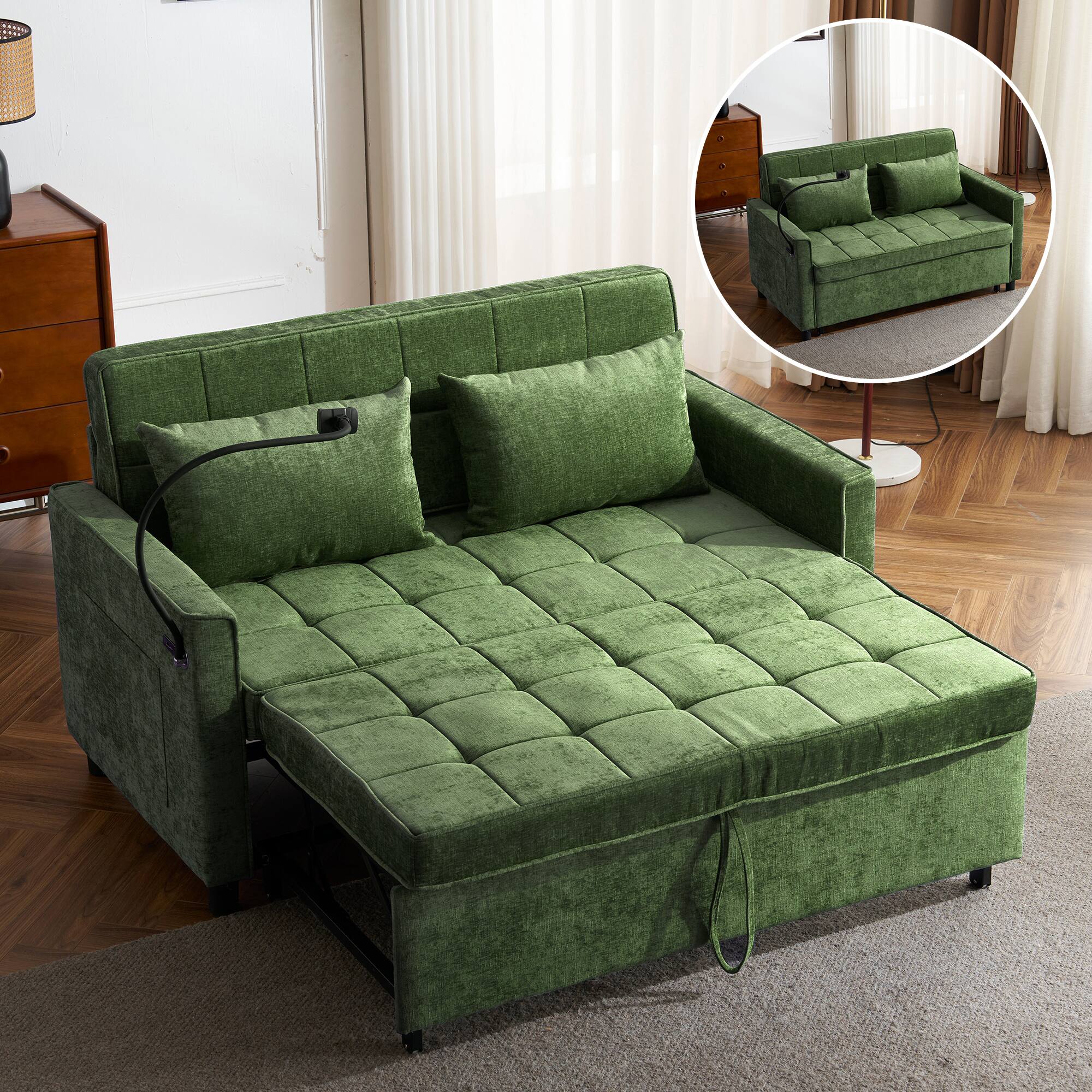 Back. Anysun - 56.9" Loveseat Pull-Out Sofa Bed with USB Ports - Reversible Cushion, Side Pockets & Phone Holder for Living Room - Green.