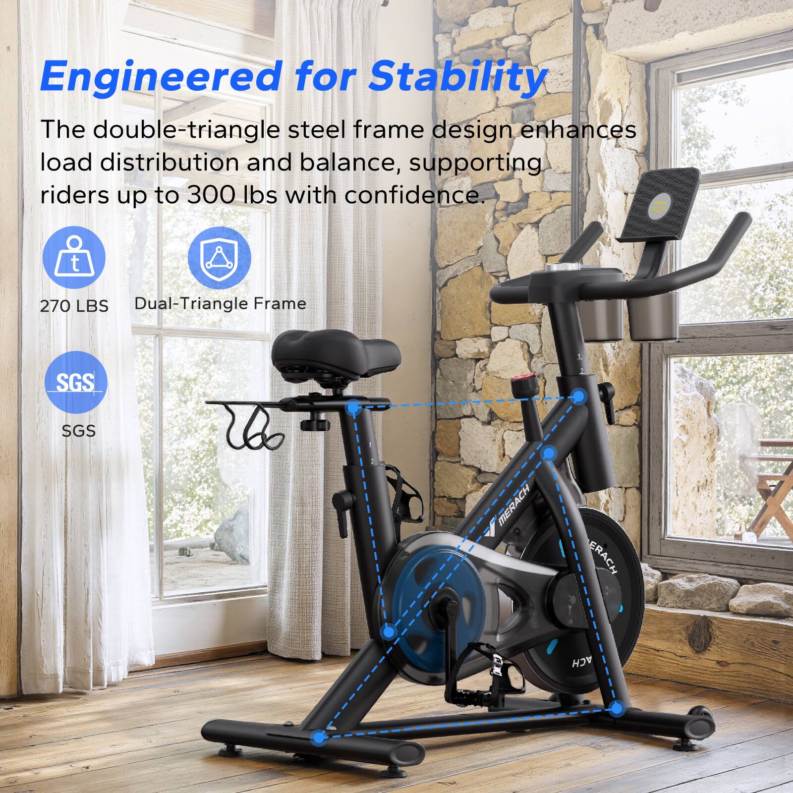 Engineered for Stability

The double-triangle steel frame design enhances load distribution and balance, supporting riders up to 300 lbs with confidence.

- 270 LBS
- Dual-Triangle Frame
- SGS
- SGS