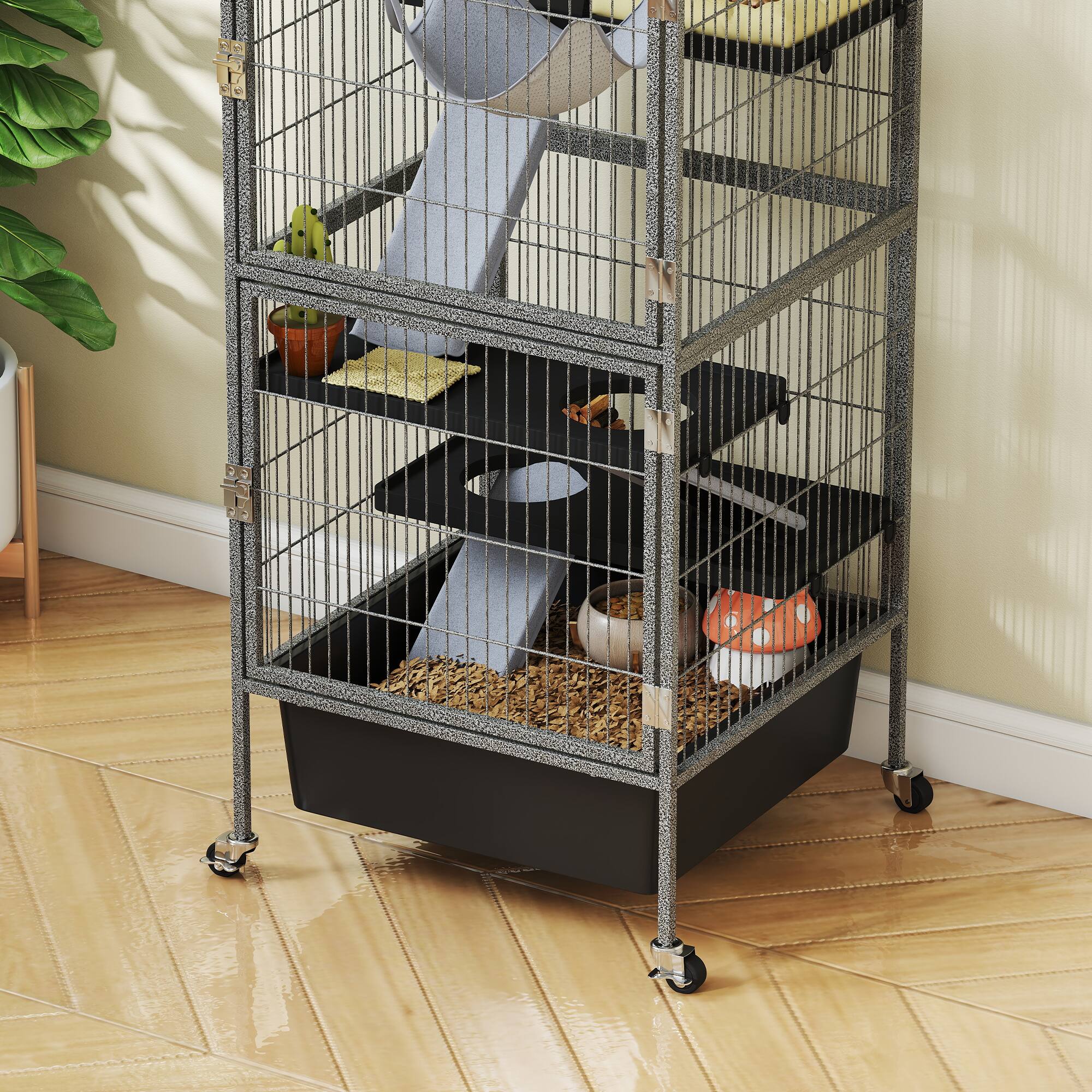 Alt View 5. Pawhut - 45 Inch Small Animal Cage, 4-Tier Rolling Ferret Chinchilla Rabbit Cage w/6 Inch Deep Slide-Out Tray, Platforms, Hammock.