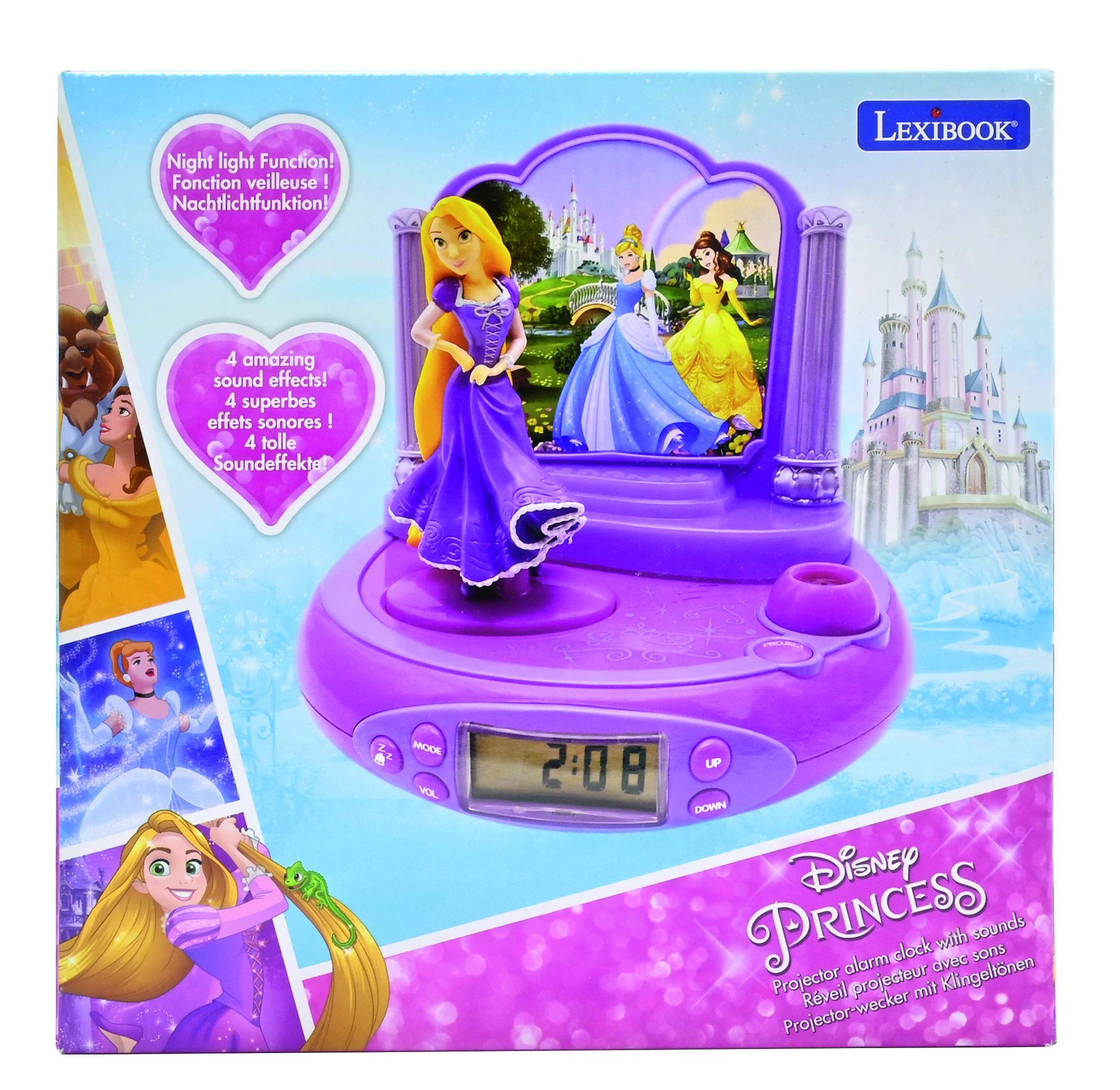 Night light Function! Fonction veilleuse ! Nachtlichtfunktion!  
LEXIBOOK 4 amazing sound effects! 4 superbes effets sonores! 4 tolle Soundeffekte!  
MODE VCL 2:08 UP DOWN  
Disney PRINCESS Projector alarm projecteur clock avec sounds Rveil mit Projector-wecker